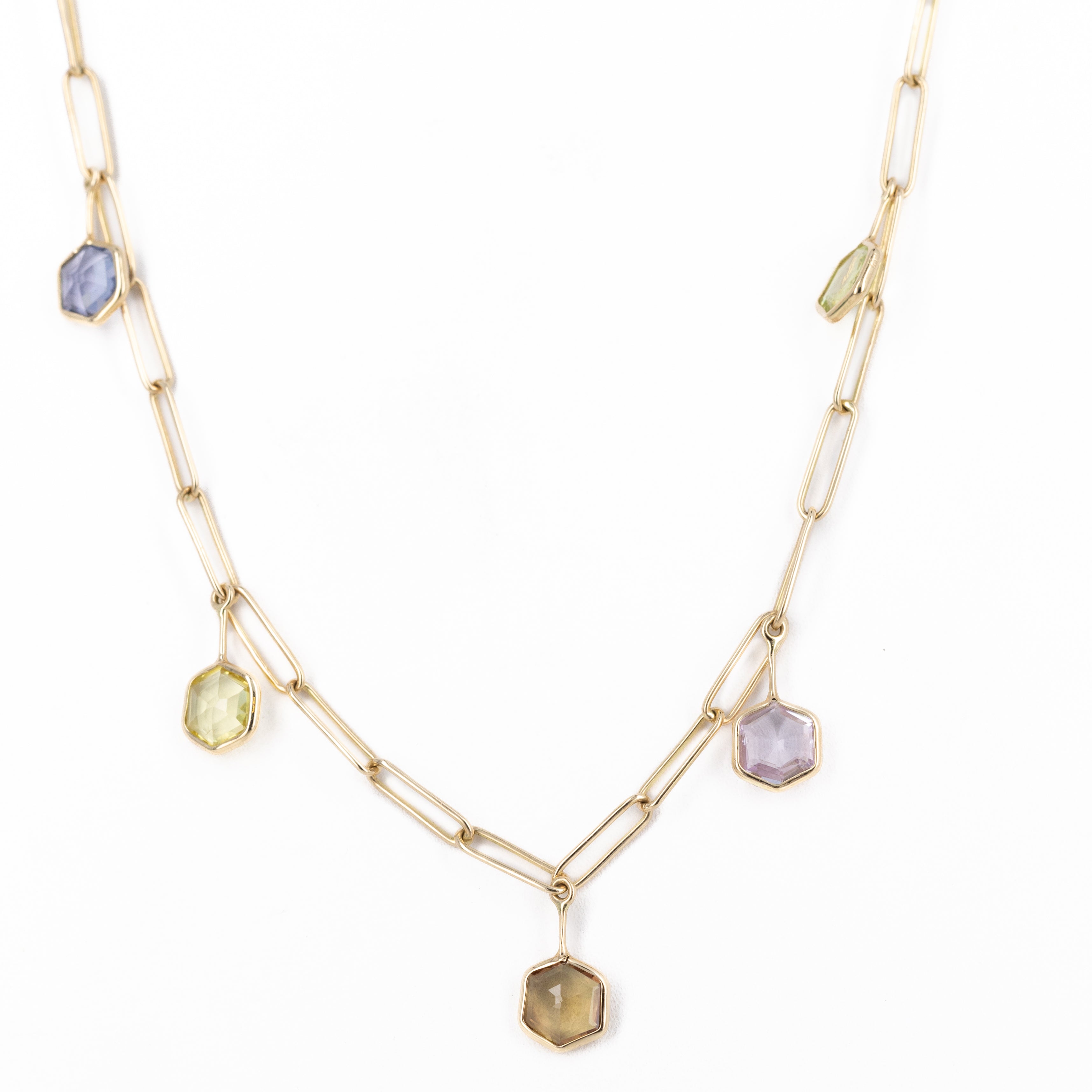 14K Yellow Gold Hexagon Multi-Color Sapphire Bezel Station Paper Clip Necklace - Queen May