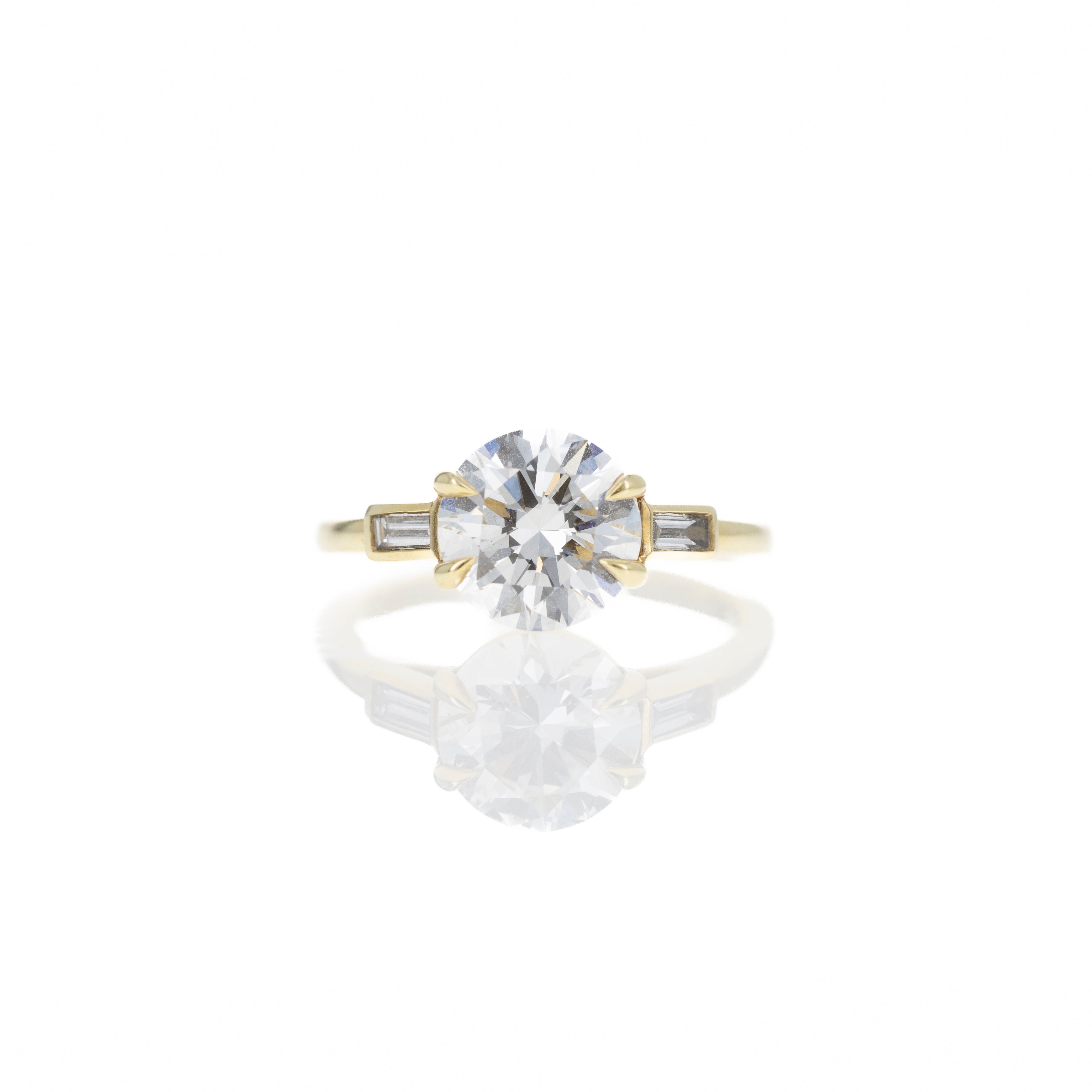 18K Yellow Gold 2.31 Carat Round Brilliant Diamond Three Stone Baguette Engagement Ring - Queen May