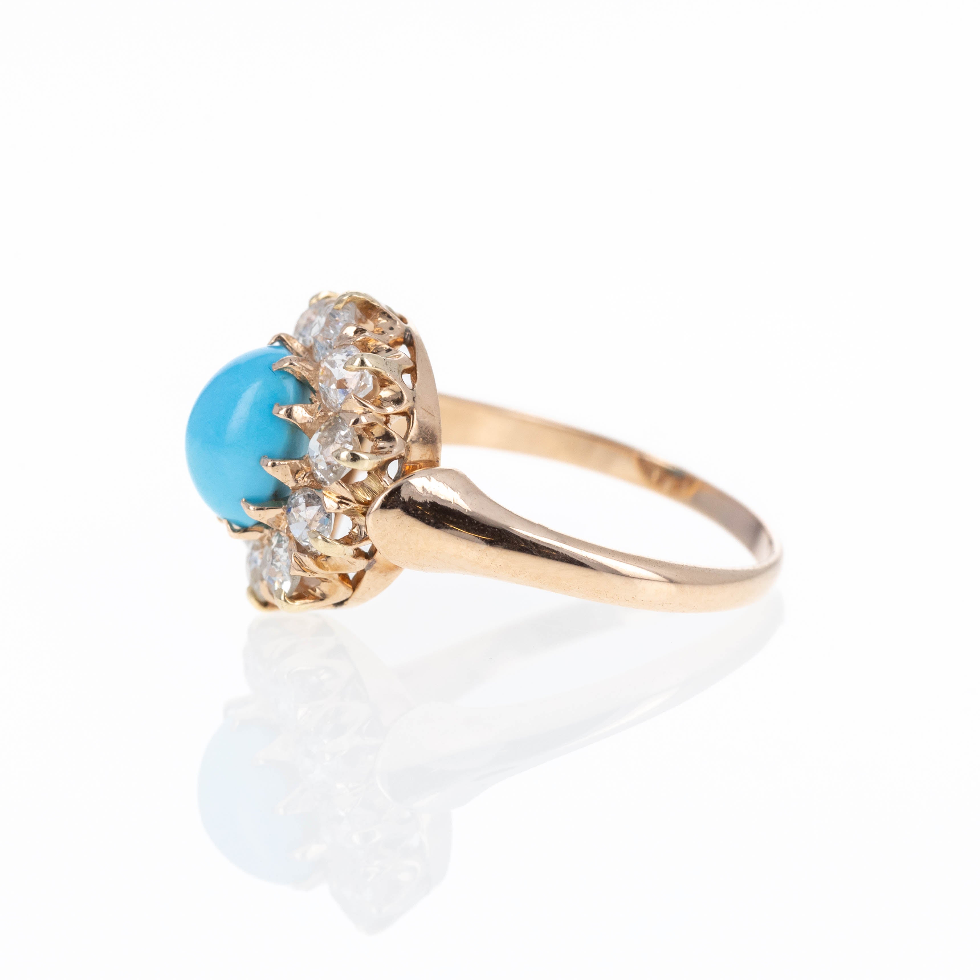 Victorian 14K Rose Gold 1.50 Carat Turquoise Old European Cut Diamond Halo Ring - Queen May