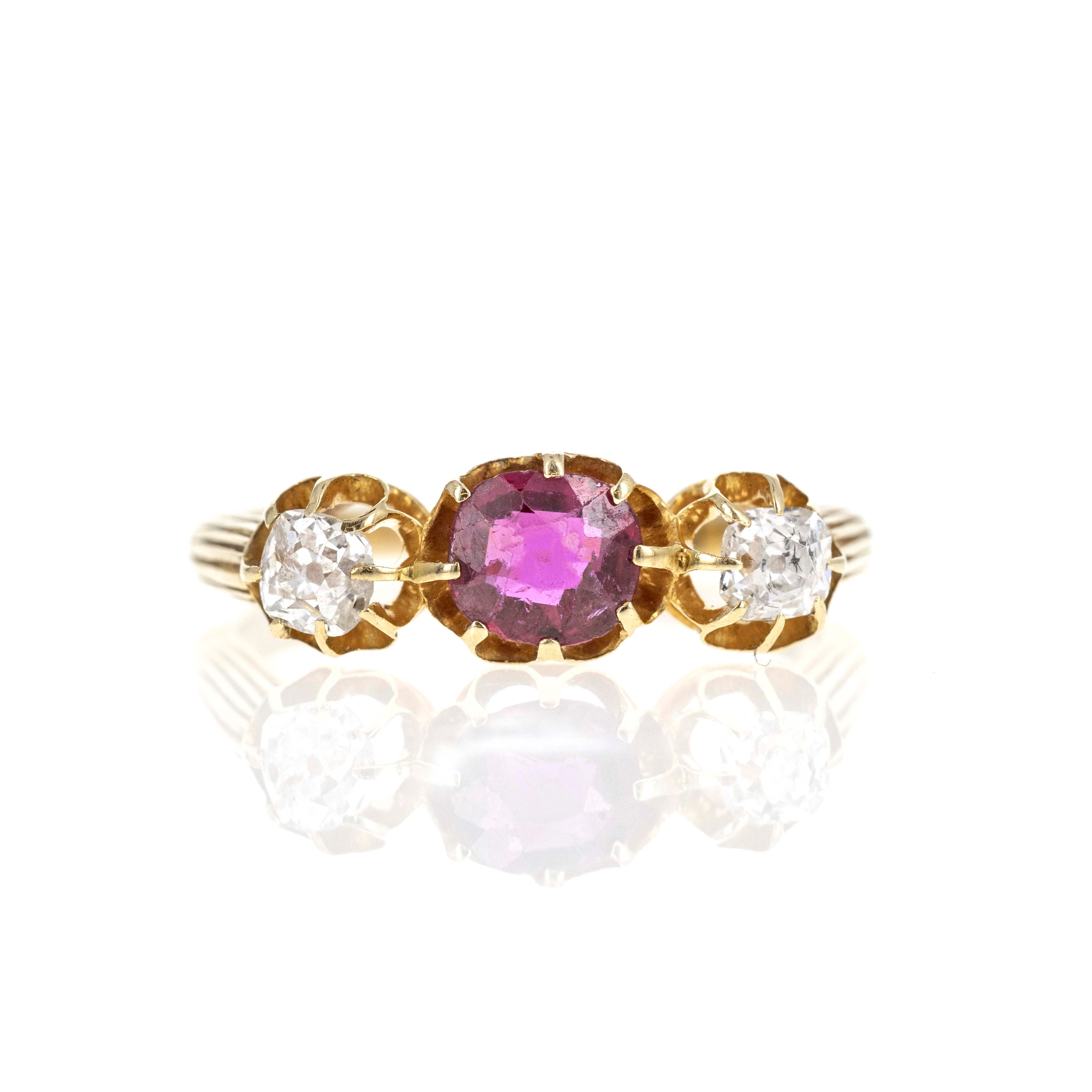 Victorian 18K Yellow Gold 0.53 Carat Ruby Old Mine Diamond Three Stone Ring - Queen May