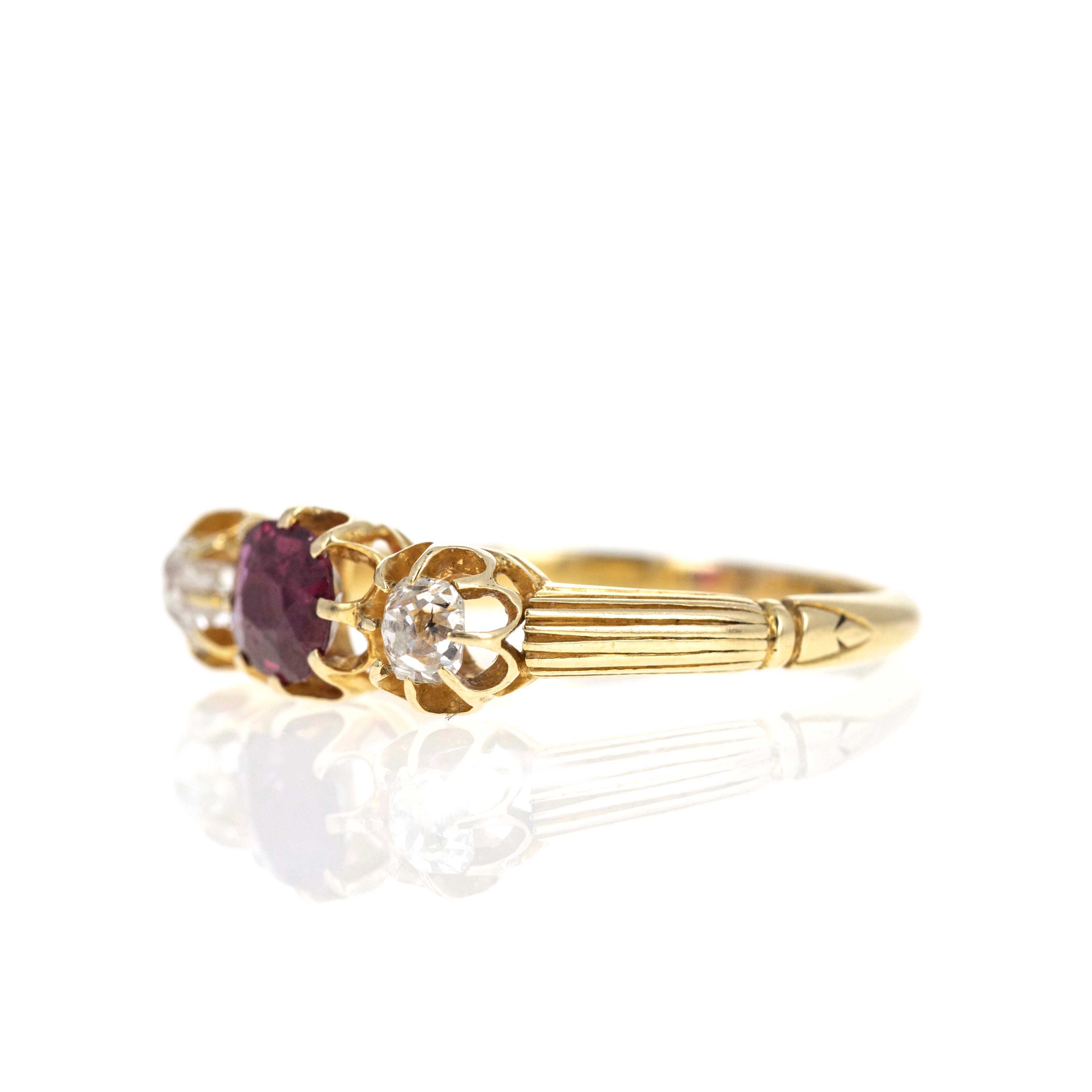 Victorian 18K Yellow Gold 0.53 Carat Ruby Old Mine Diamond Three Stone Ring - Queen May