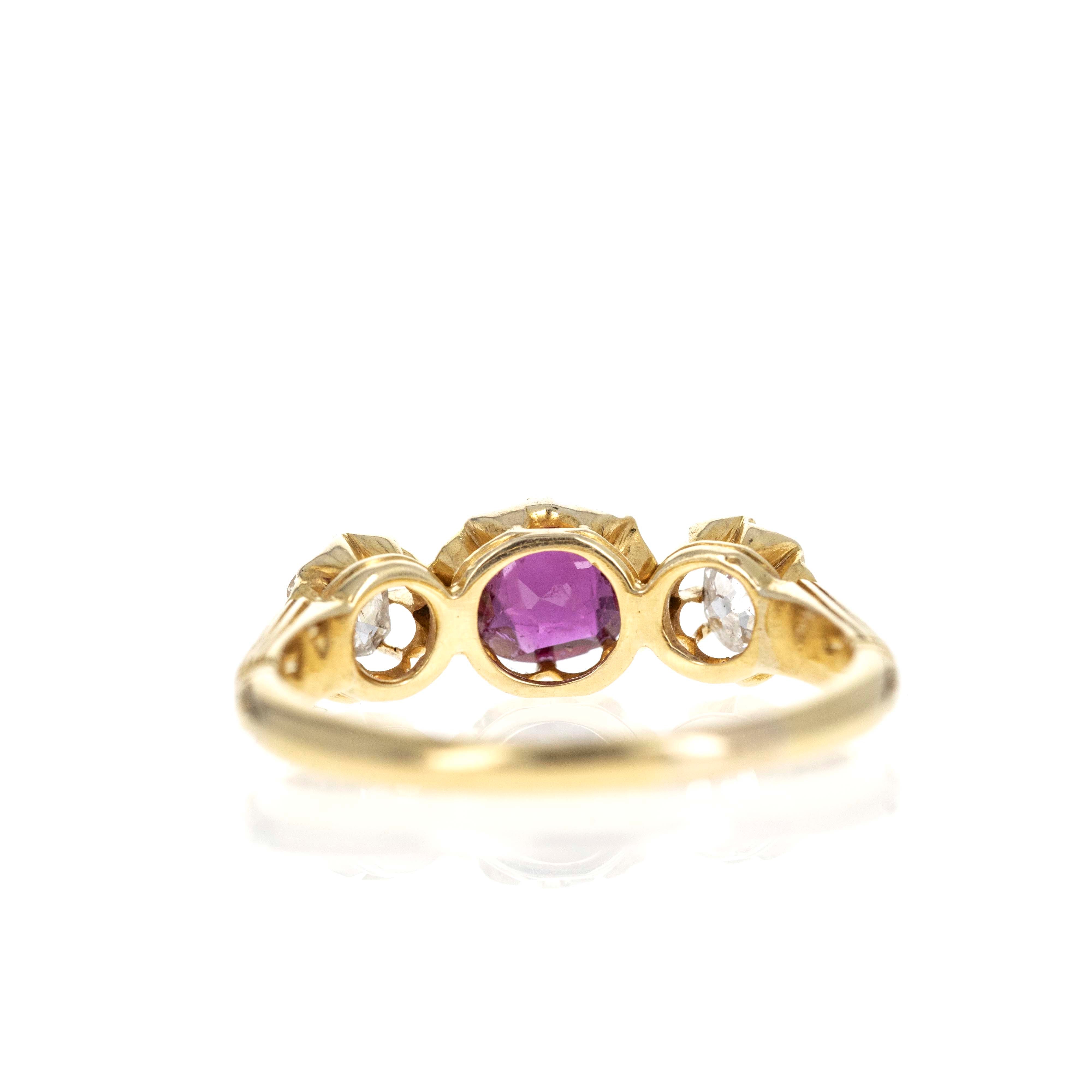 Victorian 18K Yellow Gold 0.53 Carat Ruby Old Mine Diamond Three Stone Ring - Queen May