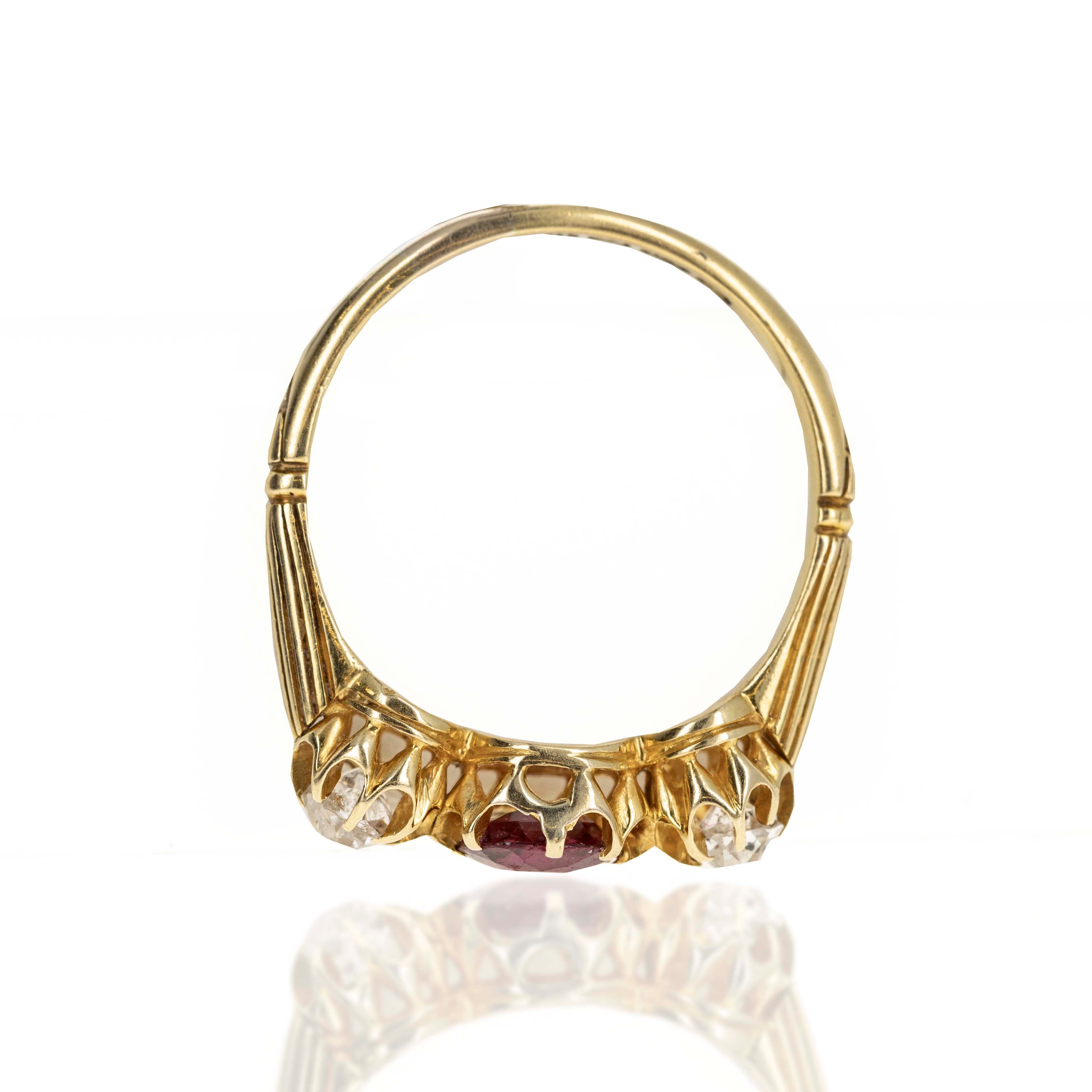 Victorian 18K Yellow Gold 0.53 Carat Ruby Old Mine Diamond Three Stone Ring - Queen May