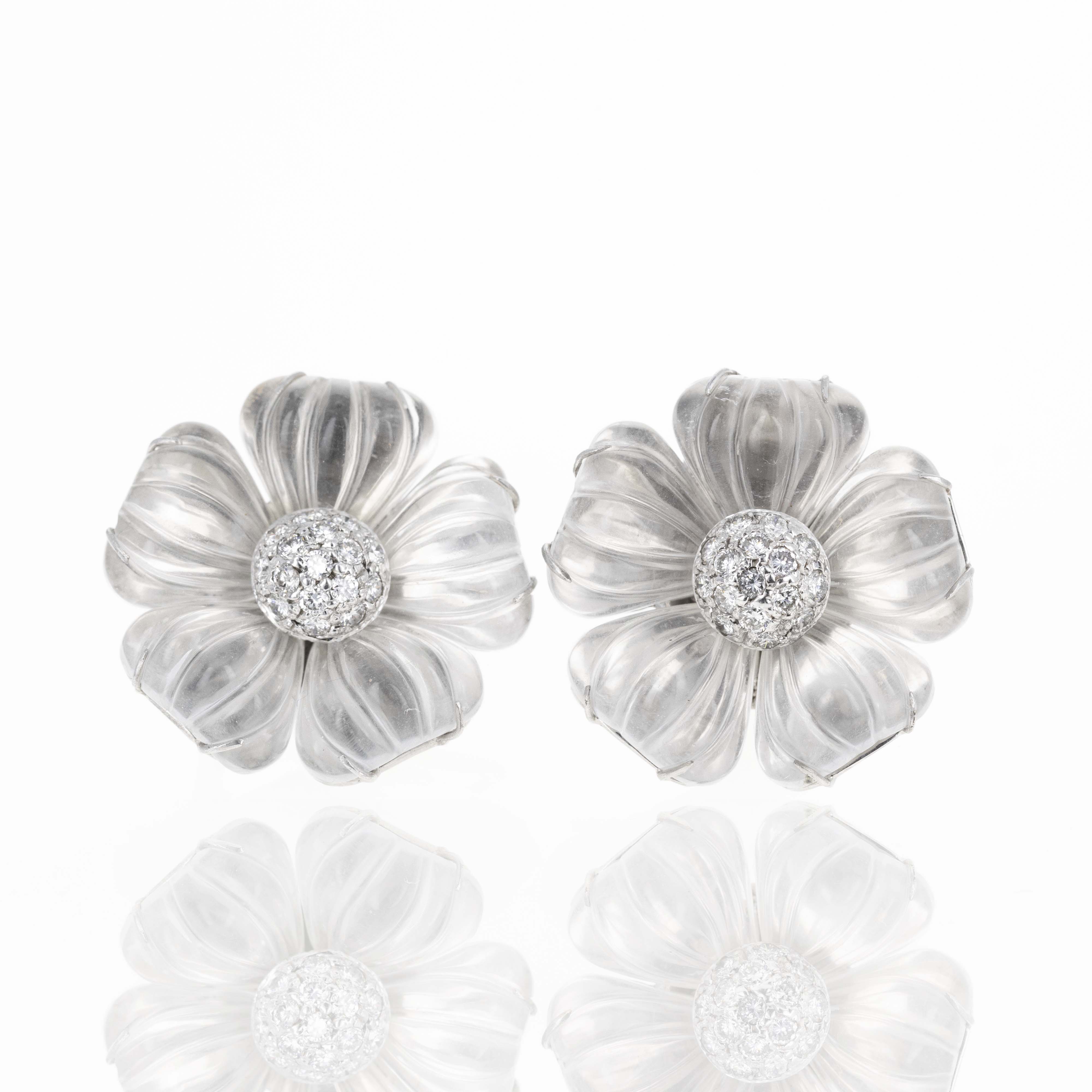 18K White Gold Rock Crystal Quartz Diamond Floral Earrings - Queen May