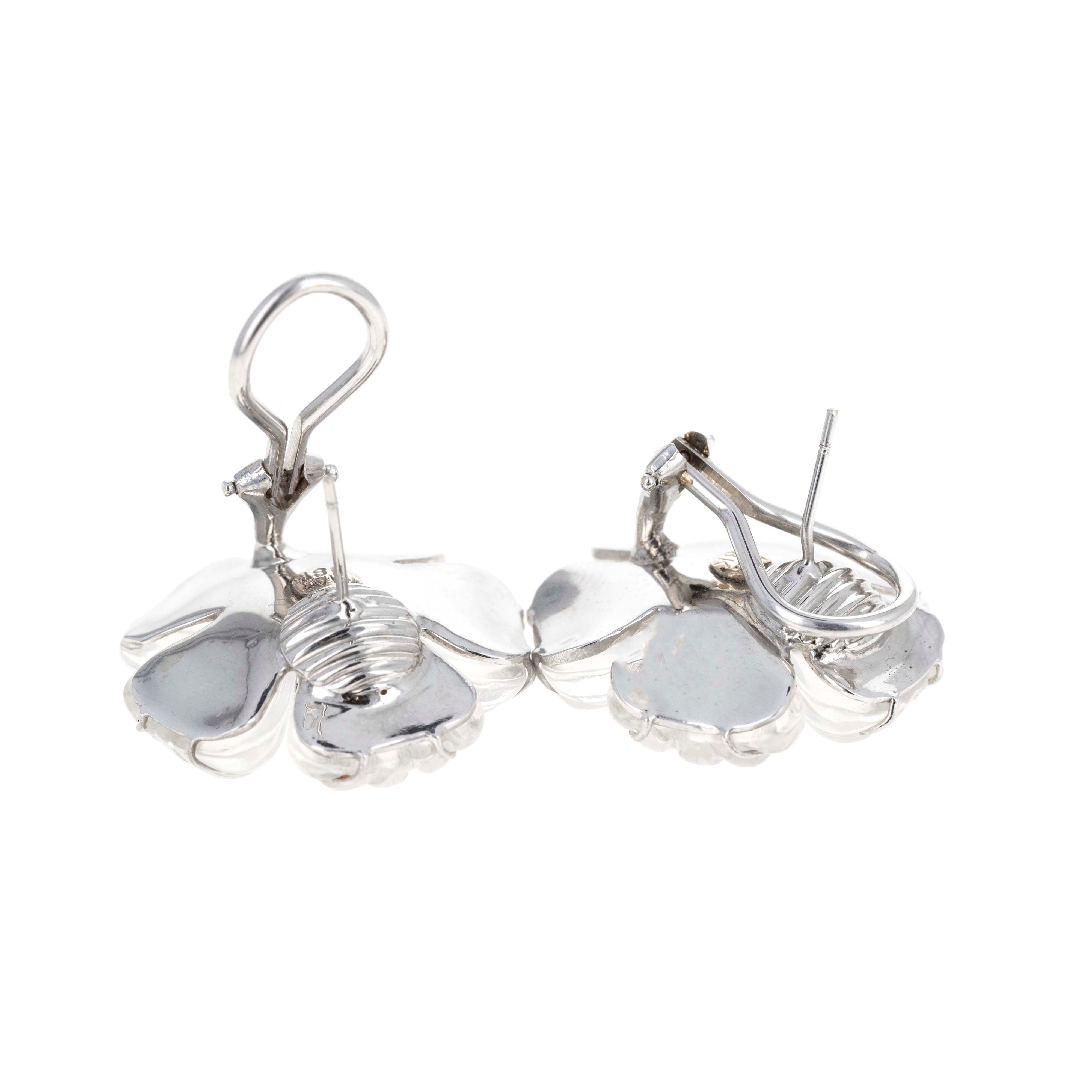 18K White Gold Rock Crystal Quartz Diamond Floral Earrings - Queen May