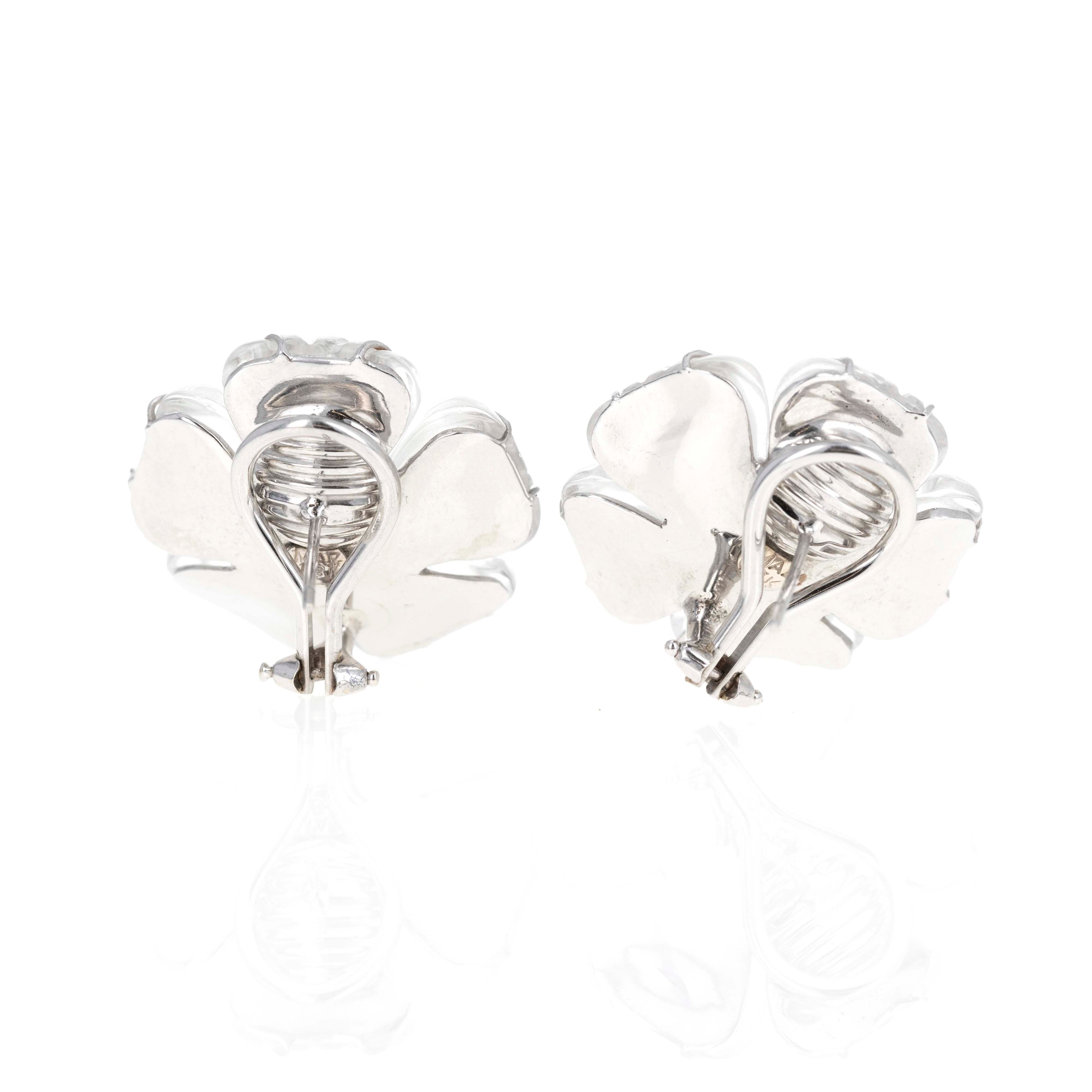 18K White Gold Rock Crystal Quartz Diamond Floral Earrings - Queen May
