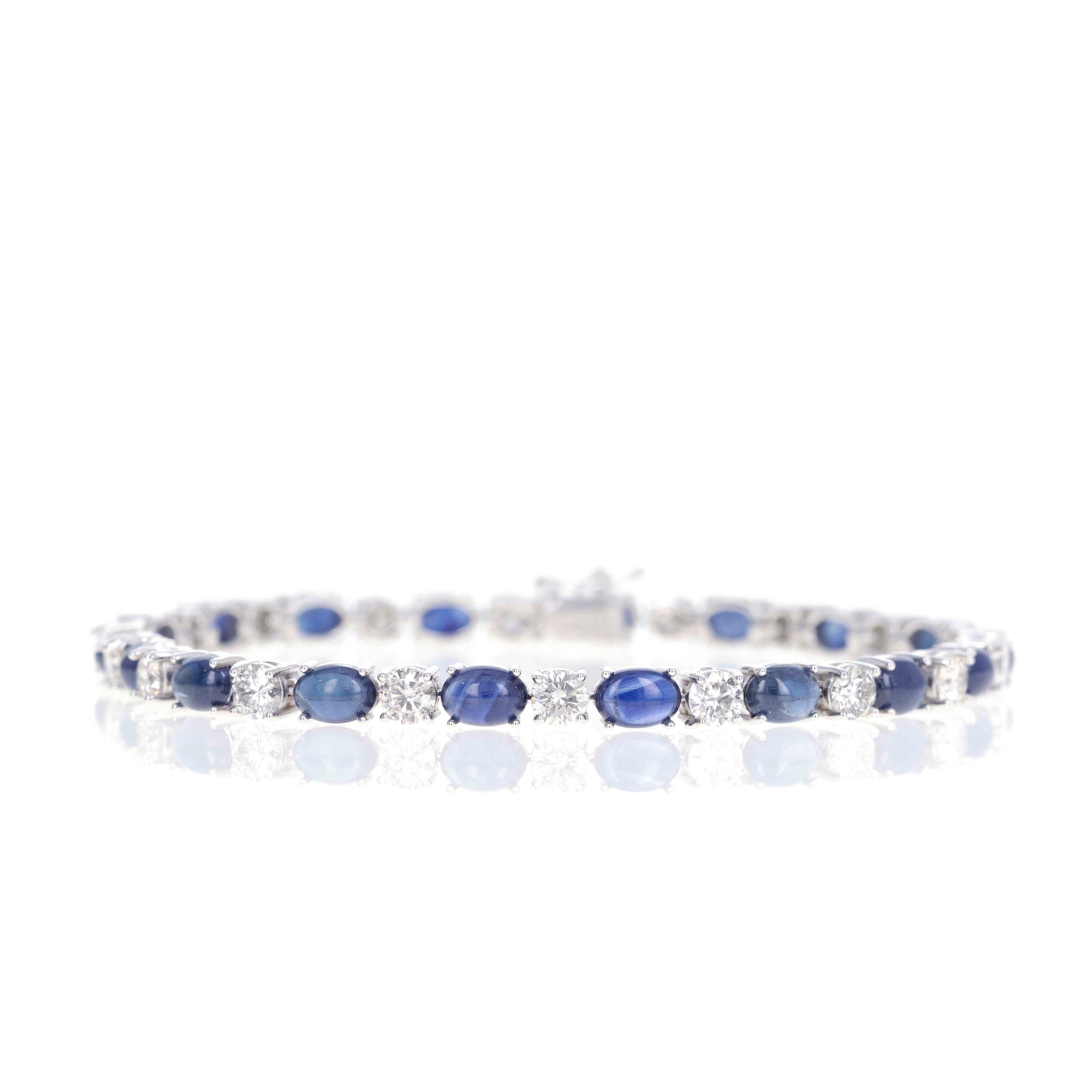 14K White Gold Oval Cabochon Sapphire Round Diamond Bracelet - Queen May