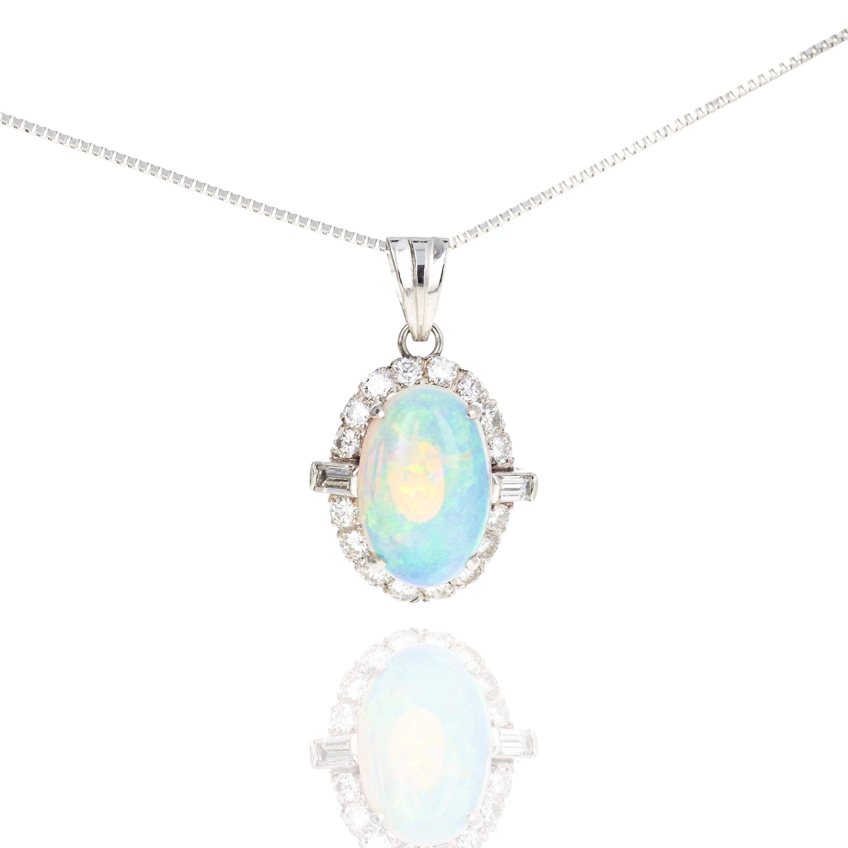 Platinum 2.75 Carat Cabochon Opal Diamond Halo Pendant Necklace - Queen May