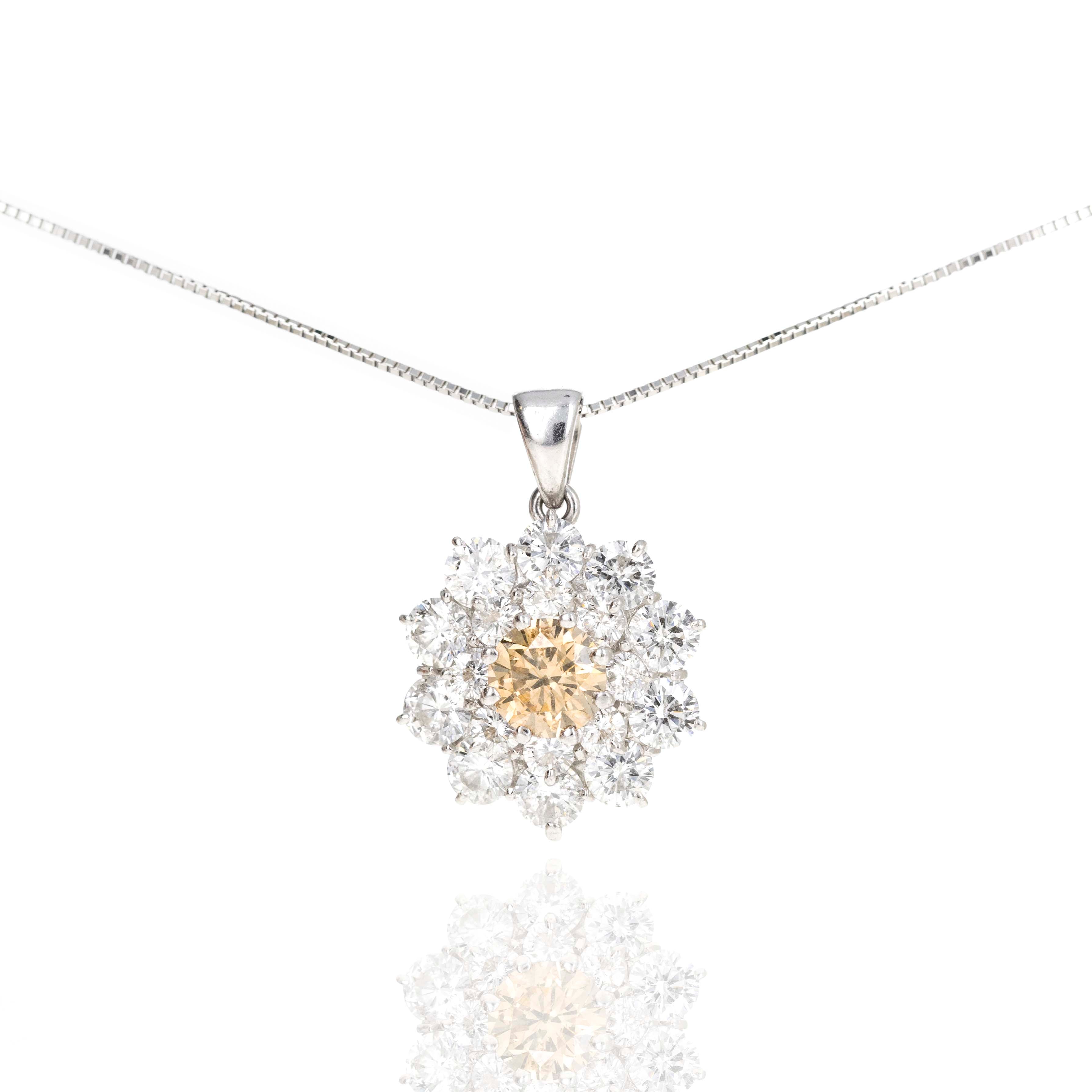 Platinum 1.05 Carat Champagne Diamond Floral Halo Cluster Pendant Necklace - Queen May
