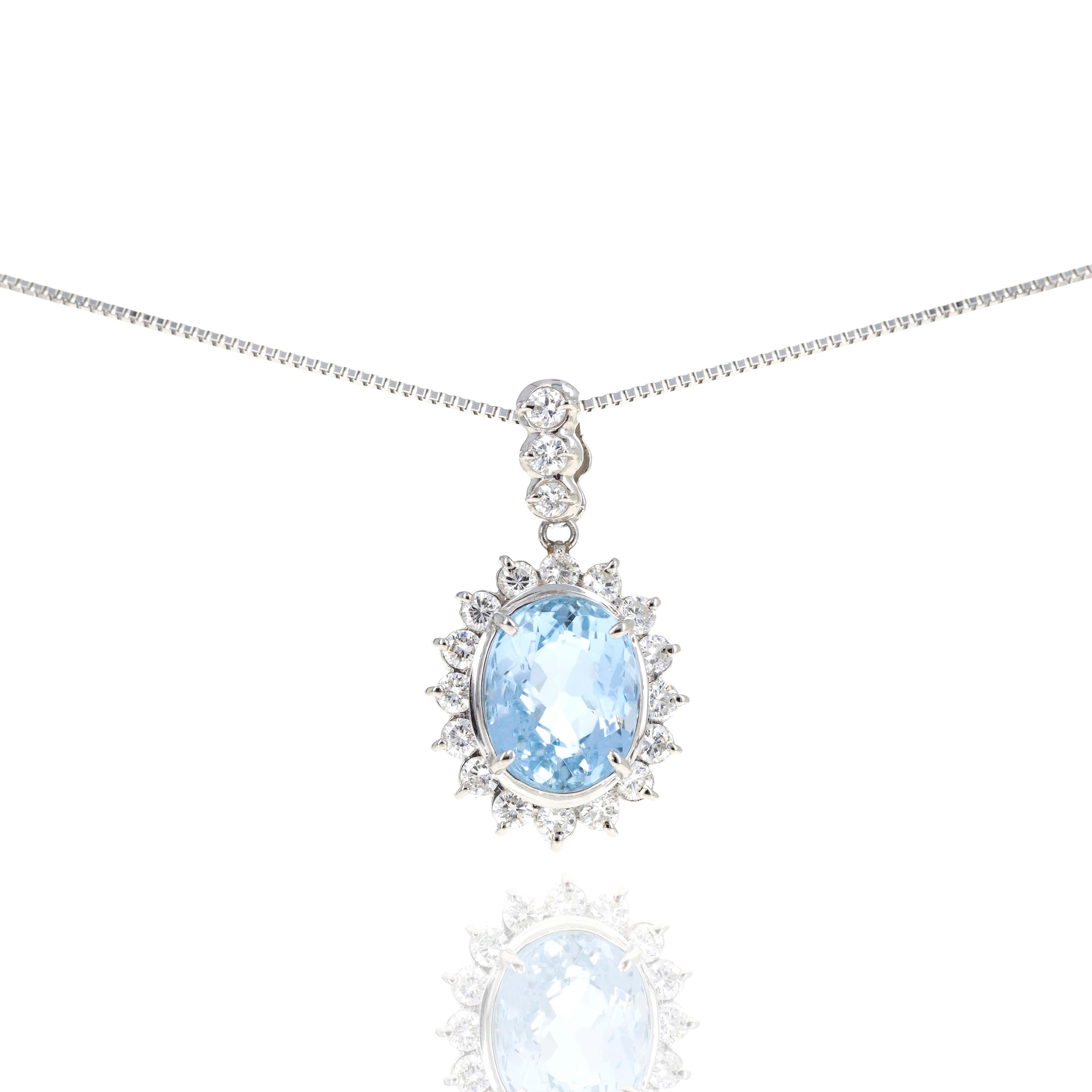 Platinum 3.16 Carat Aquamarine Diamond Halo Pendant Necklace - Queen May