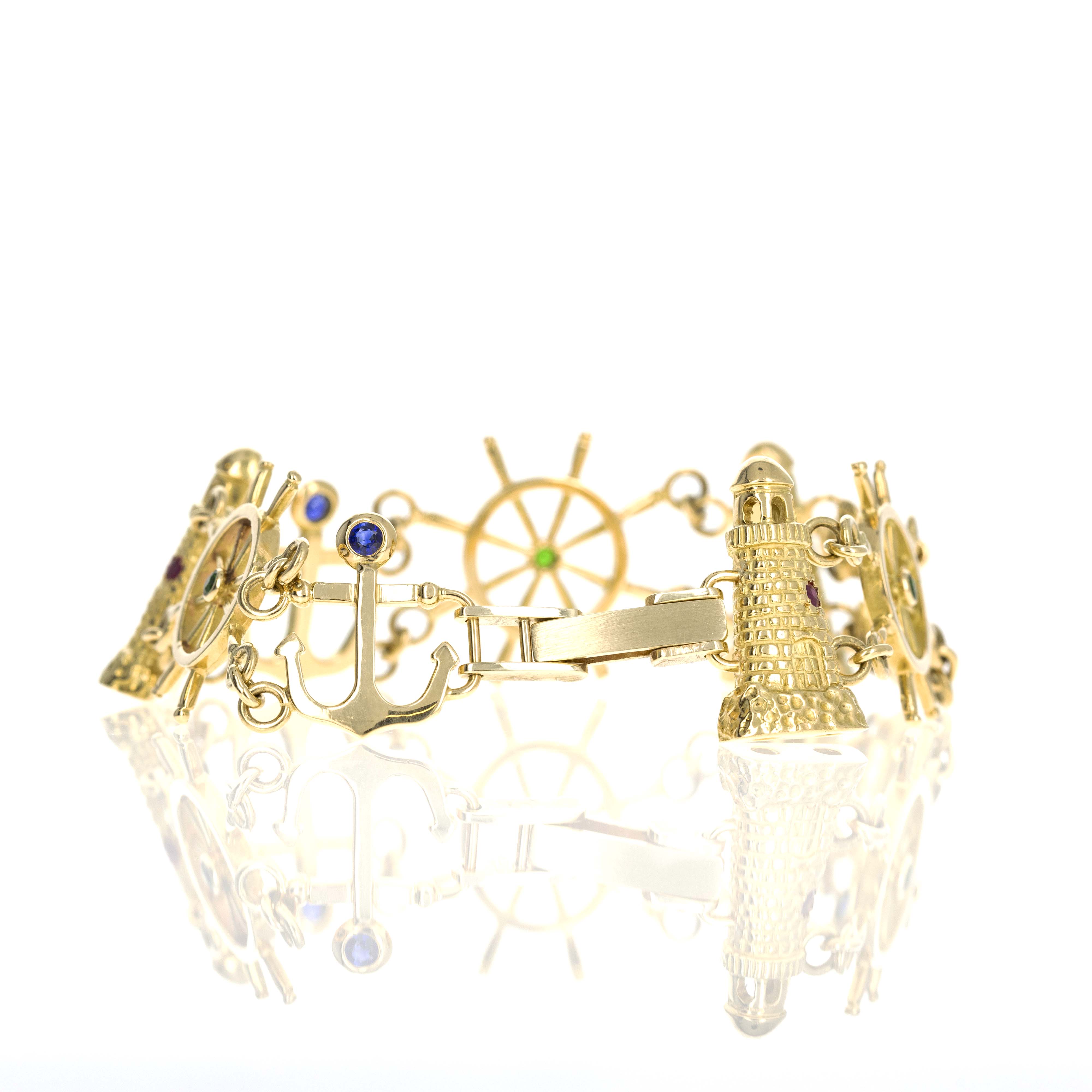 Vintage 18K Multicolor Gemstone Nautical Charm Bracelet - Queen May