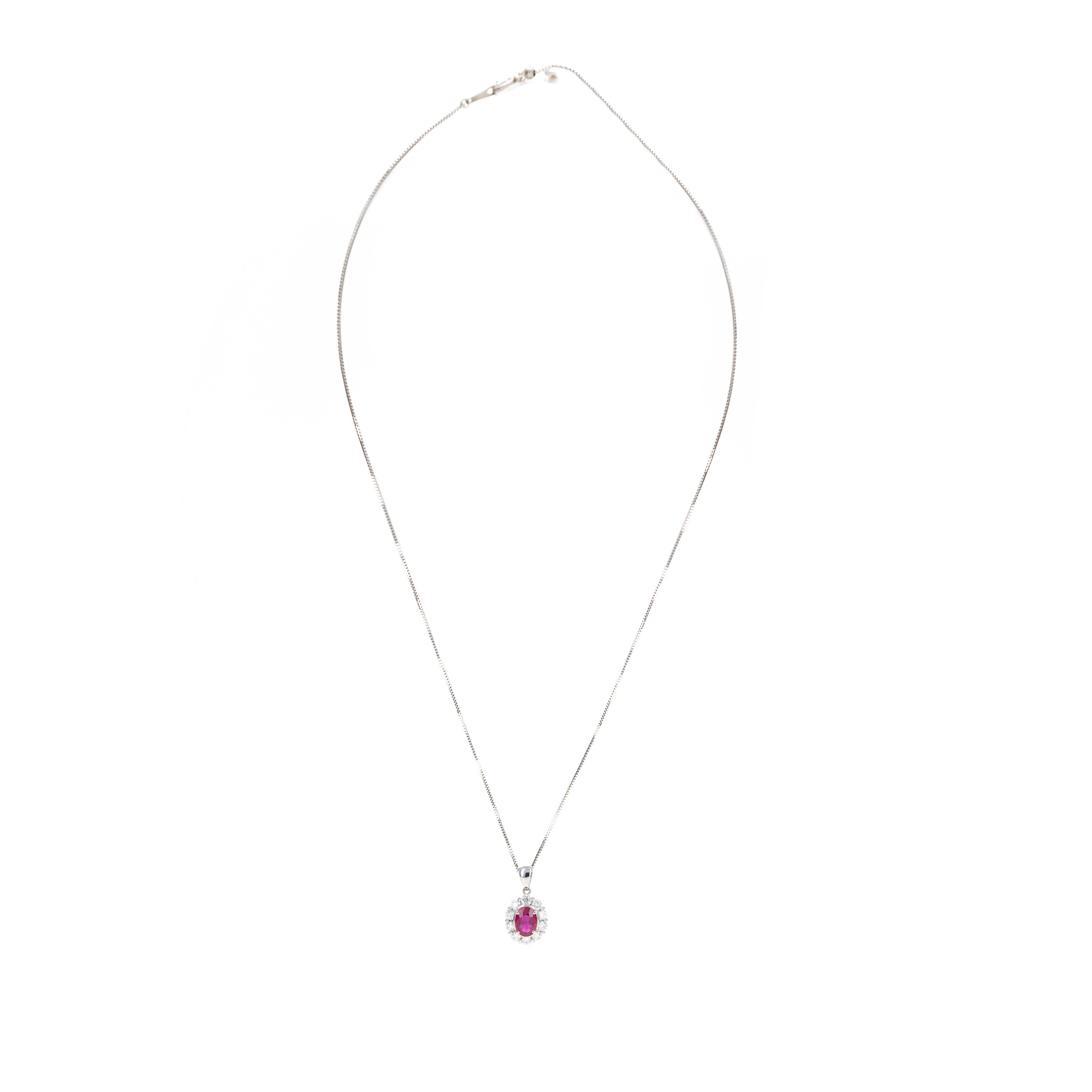 Platinum 1.31 Carat Ruby Diamond Halo Pendant Necklace - Queen May
