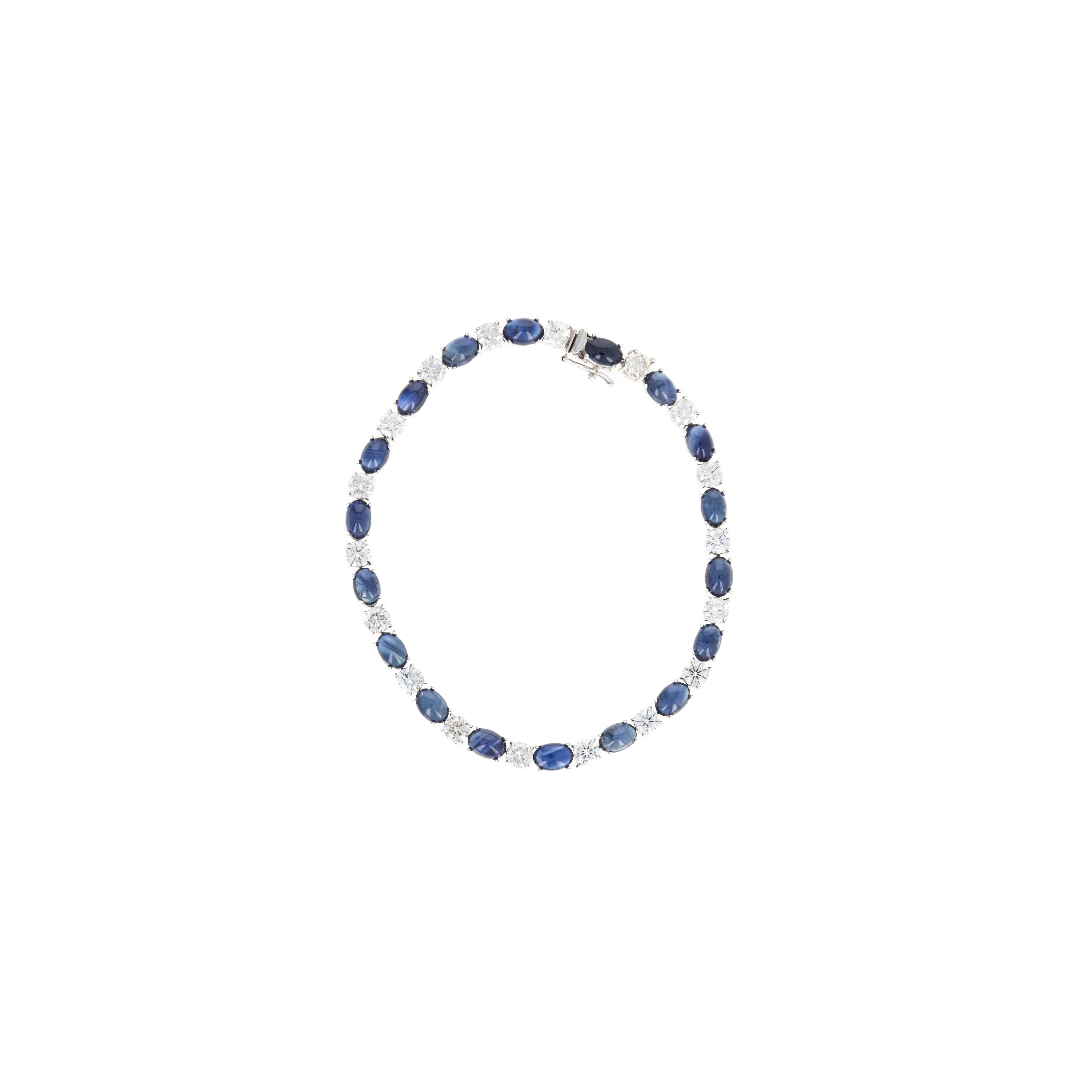 14K White Gold Oval Cabochon Sapphire Round Diamond Bracelet - Queen May