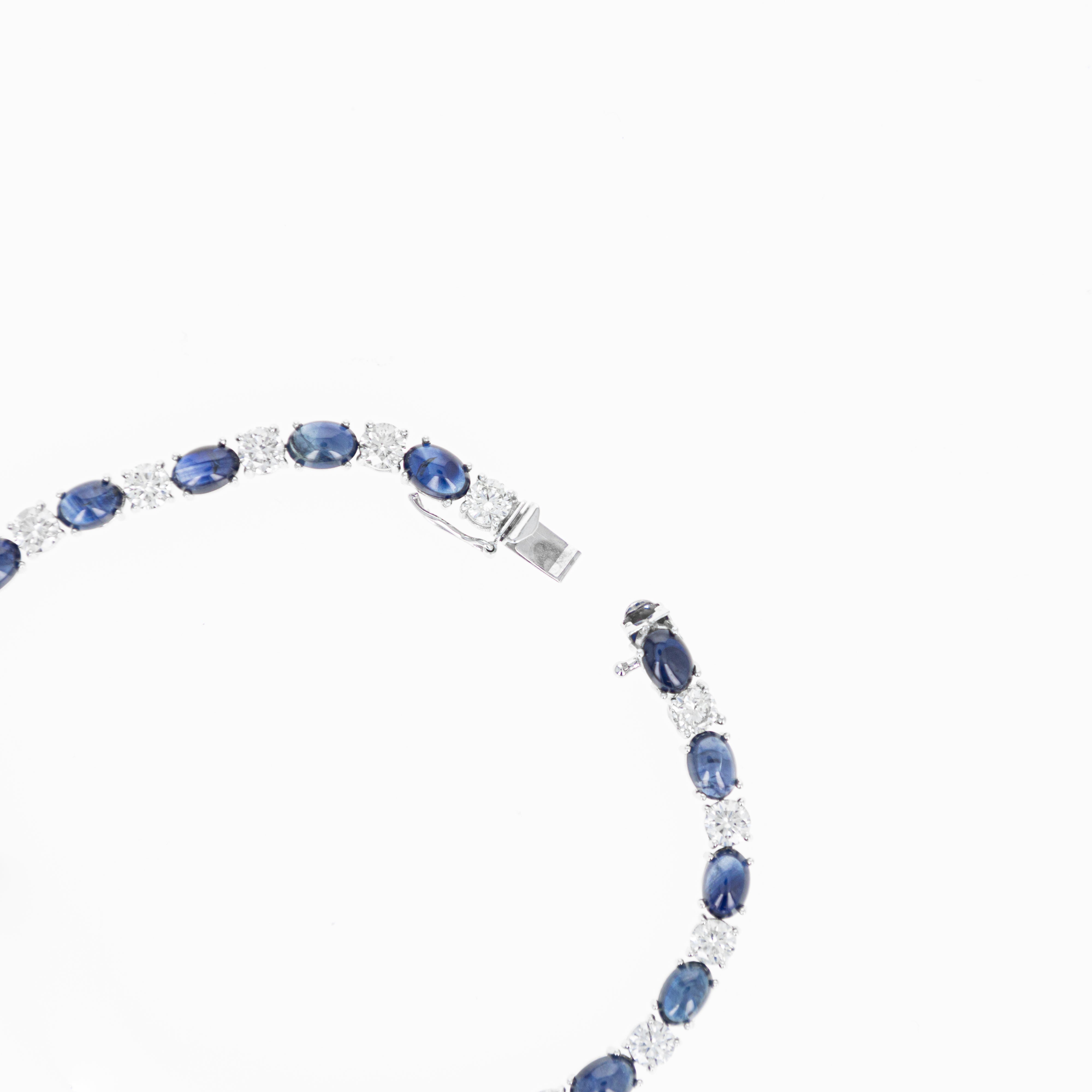 14K White Gold Oval Cabochon Sapphire Round Diamond Bracelet - Queen May