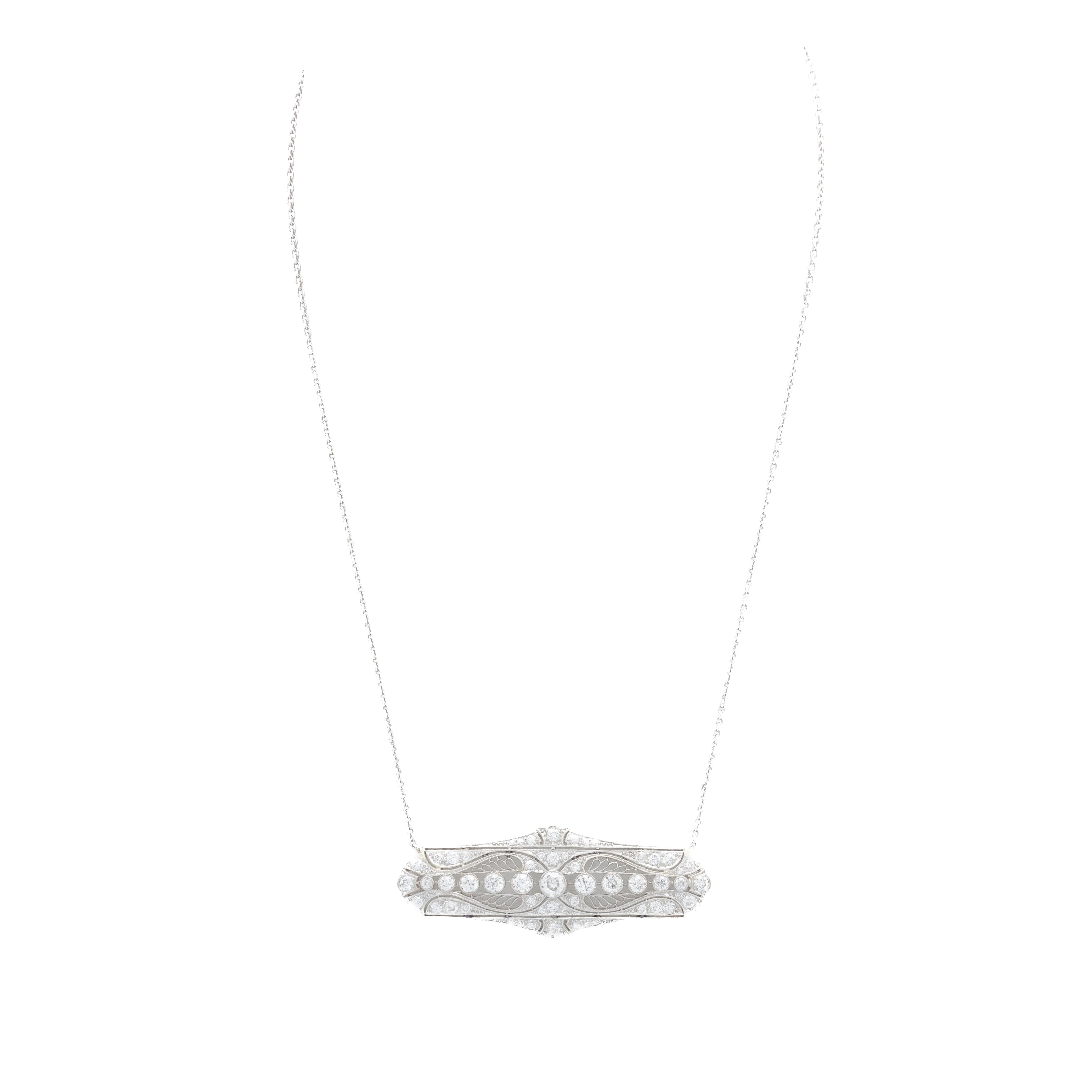 Platinum Art Deco 3 Carat Old European Cut Diamond Conversion Brooch Necklace Pendant