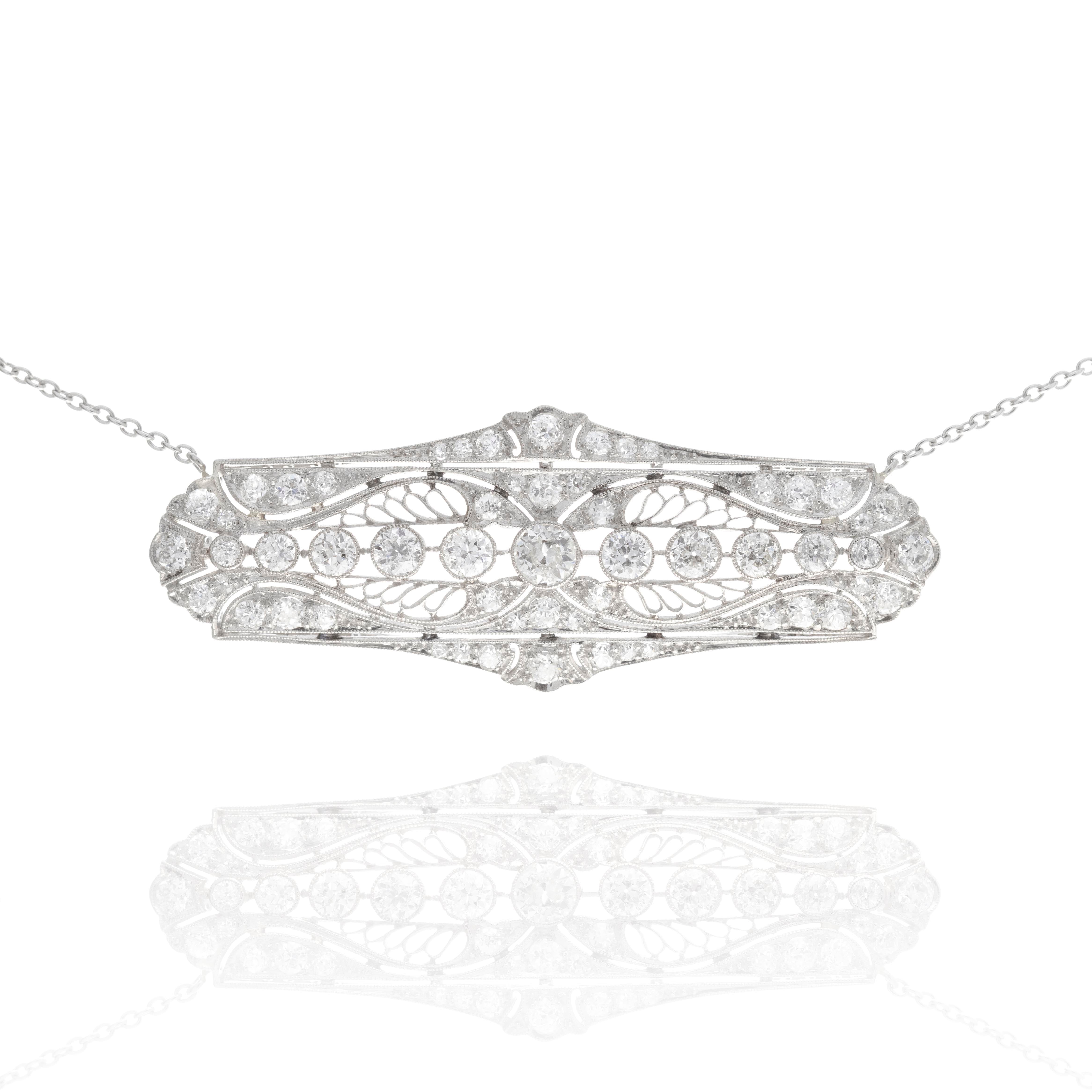 Platinum Art Deco 3 Carat Old European Cut Diamond Conversion Brooch Necklace Pendant