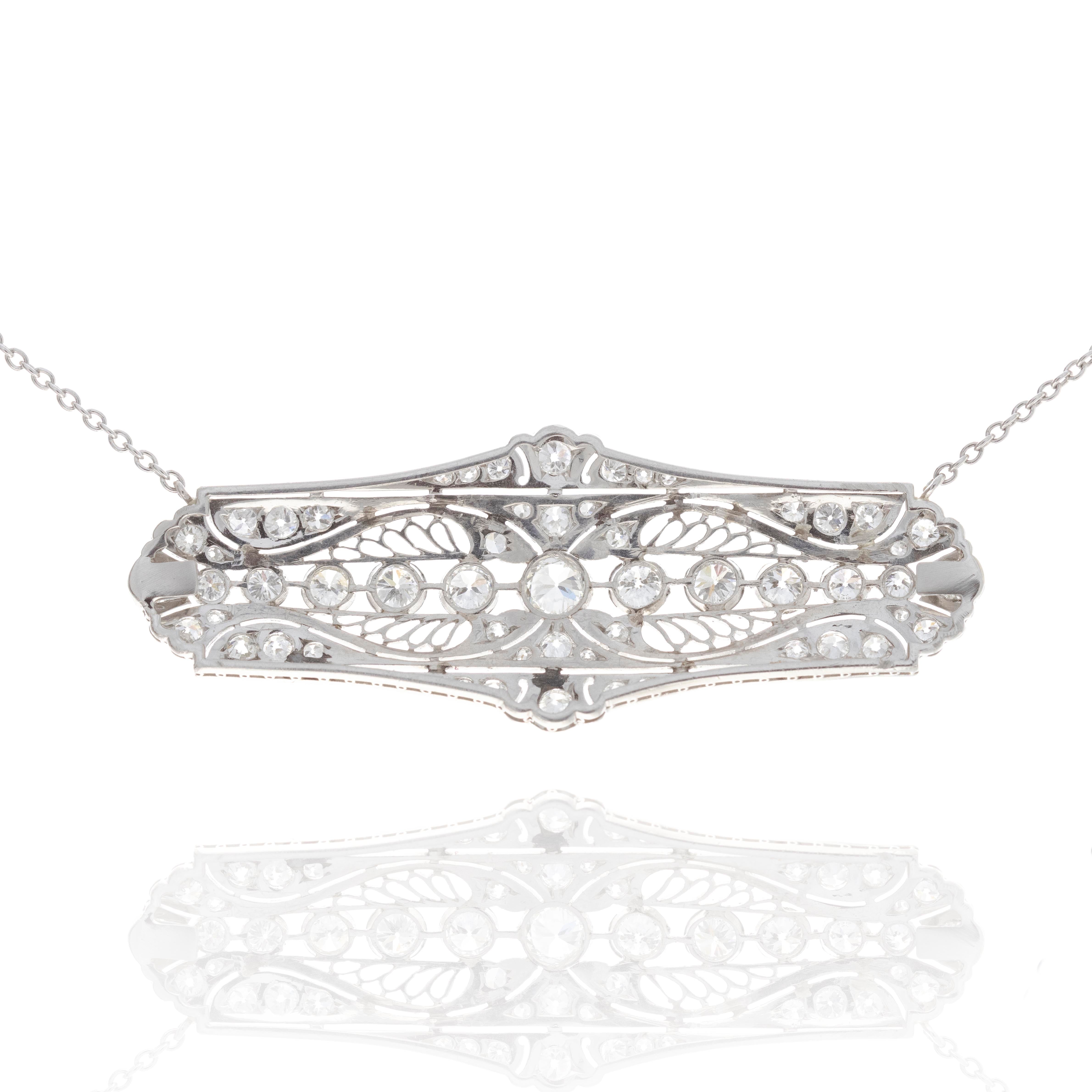Platinum Art Deco 3 Carat Old European Cut Diamond Conversion Brooch Necklace Pendant