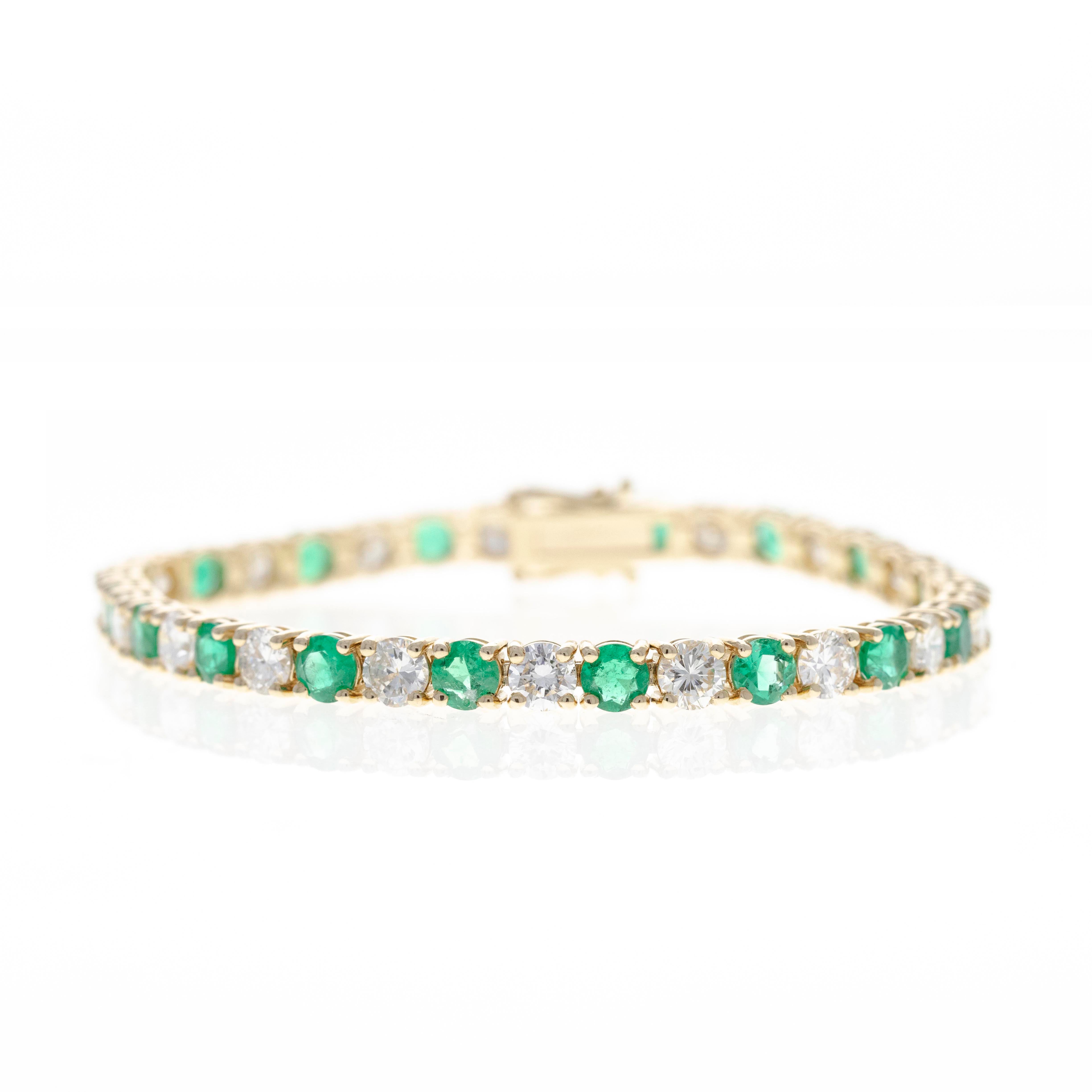 14K Yellow Gold 11.63 Carat Diamond and Emerald Tennis Bracelet - Queen May