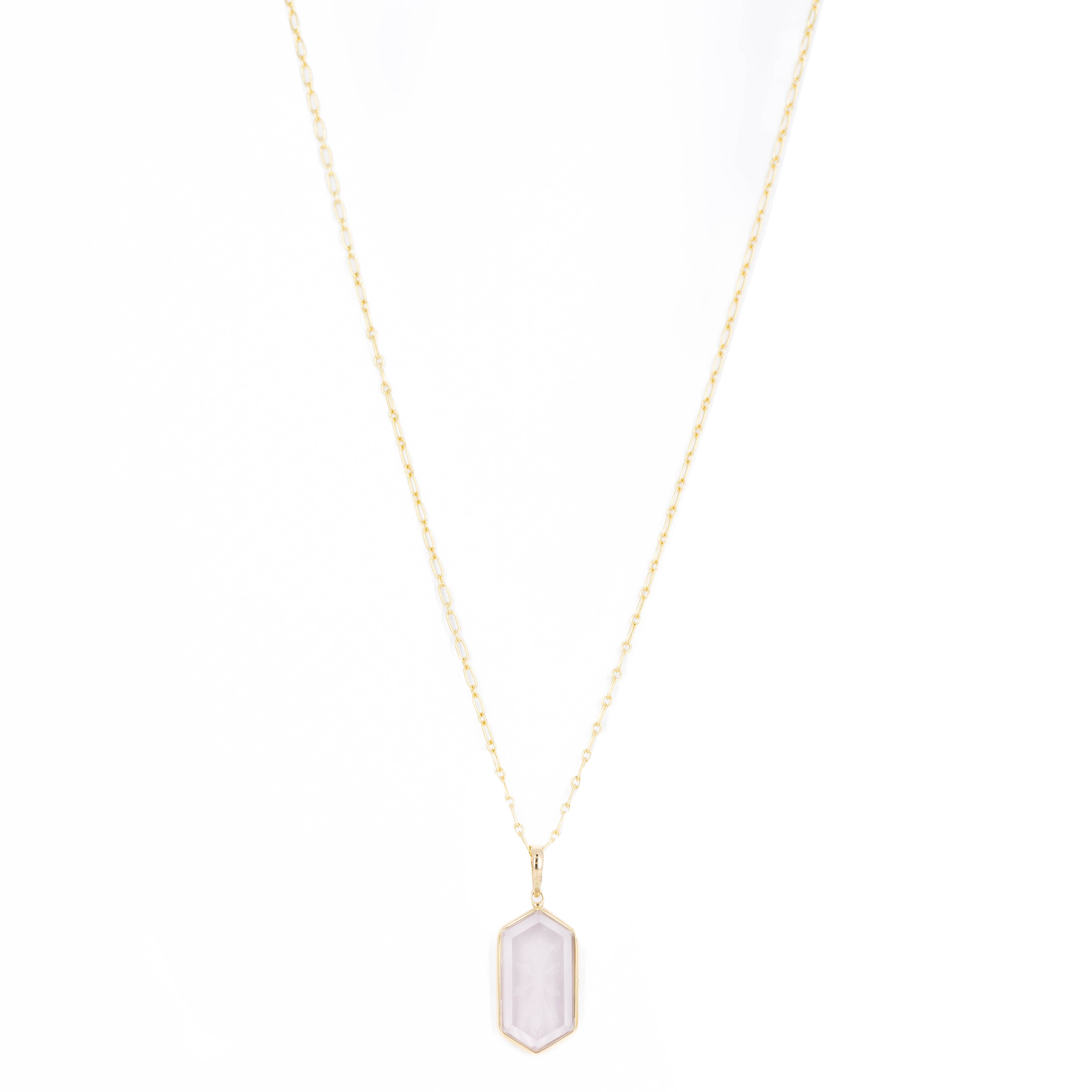 14K Yellow Gold 8.56 Carat Rose Quartz Engraved Pendant Necklace - Queen May