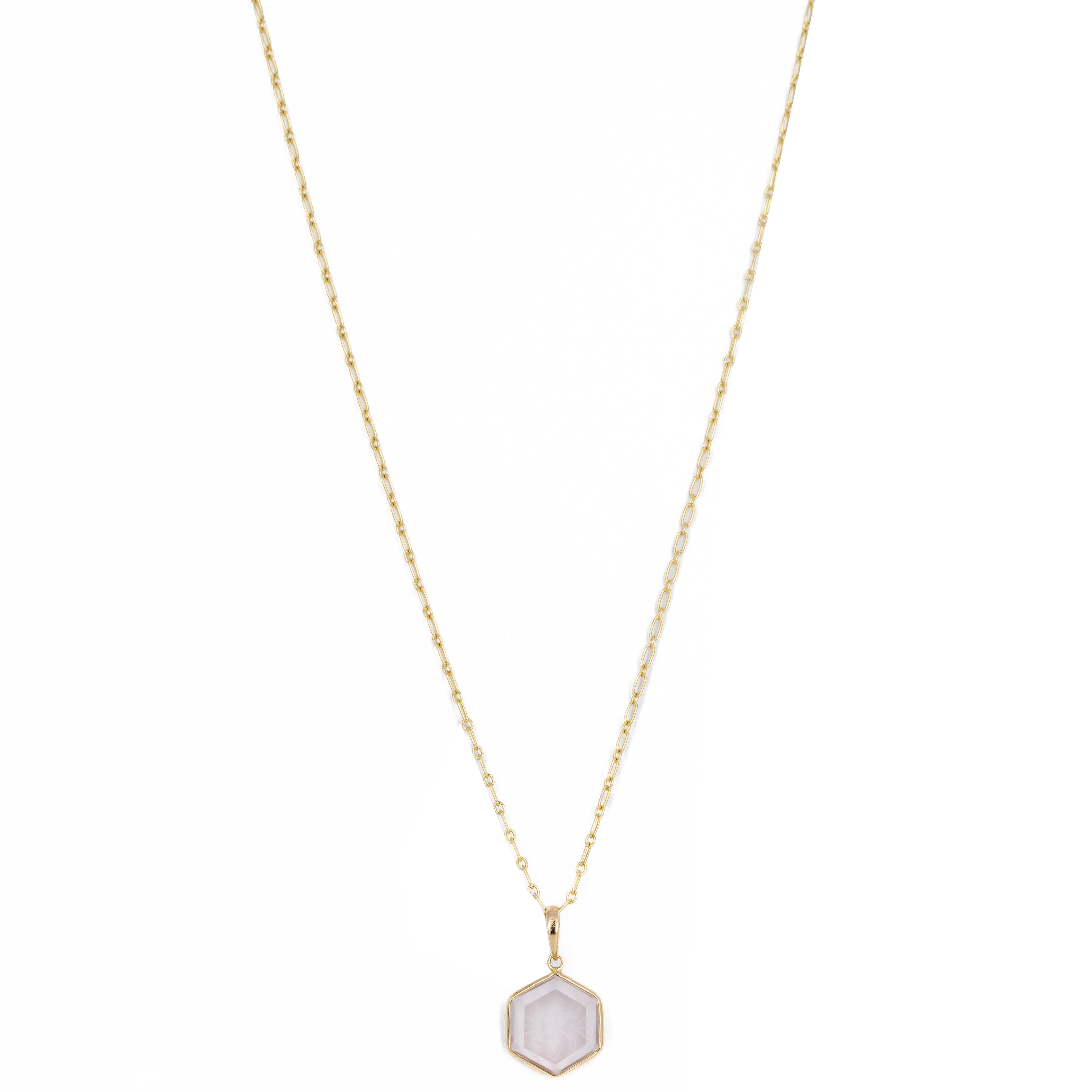 14K Yellow Gold 6.24 Carat Rose Quartz Engraved Hexagon Pendant Necklace - Queen May