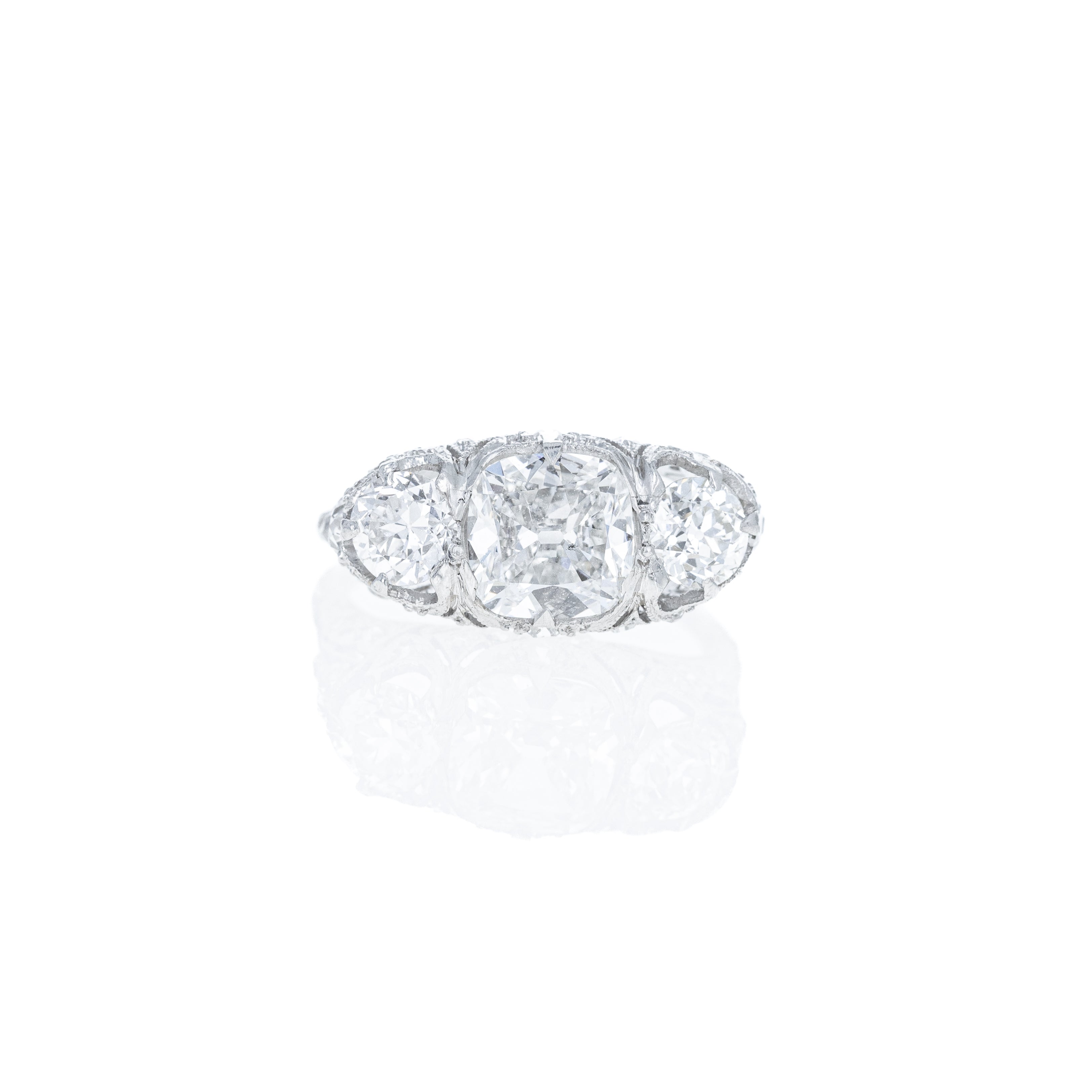 Art Deco Platinum 1.51 Carat Old Mine Diamond Three Stone Filigree Ring - Queen May