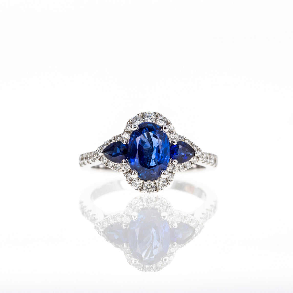 14K White Gold 1.71 Carat Oval Cut Natural Madagascar Sapphire & Diamond Ring - Queen May