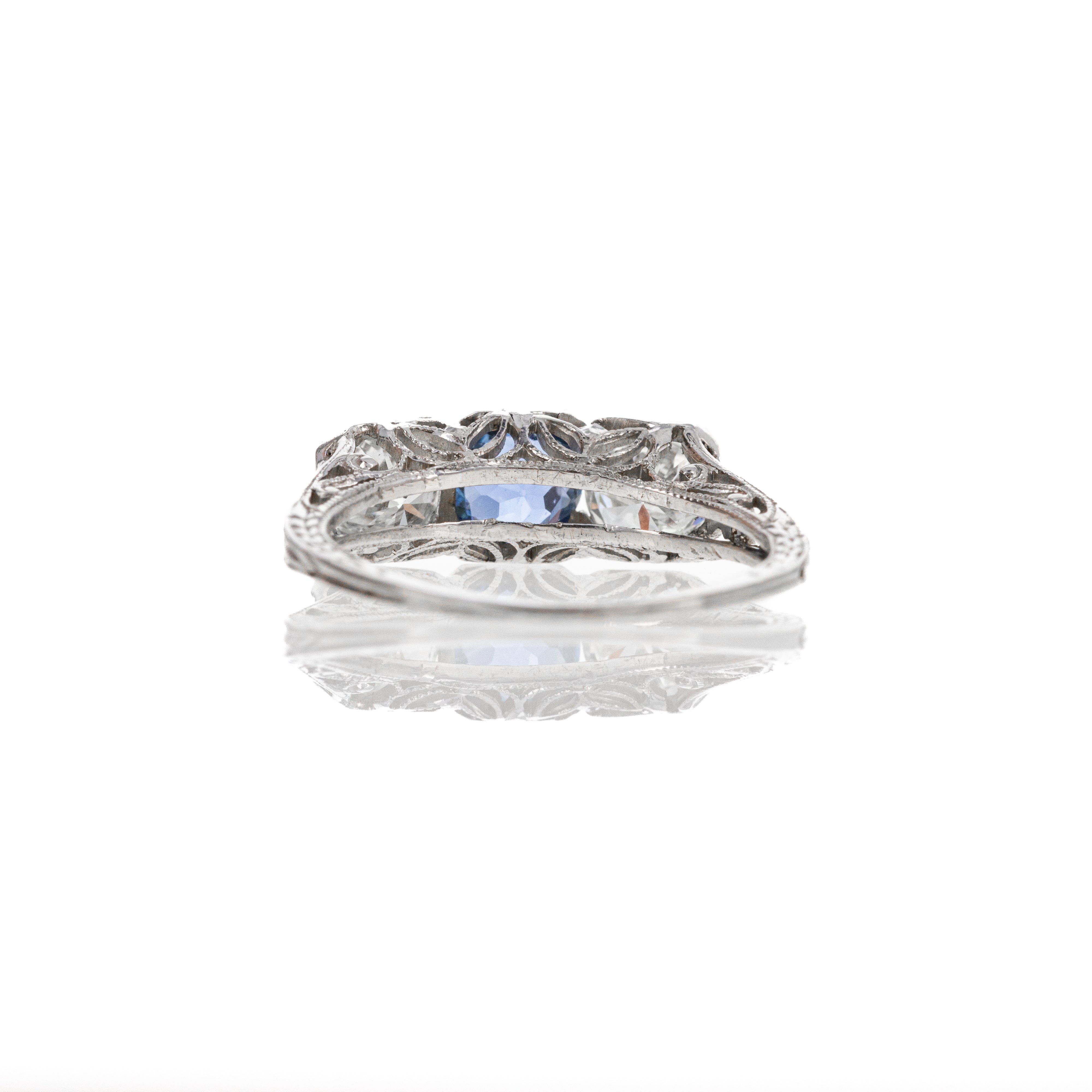 Art Deco 18K White Gold 0.63 Carat Yogo Gulch Sapphire Diamond Three Stone Ring - Queen May