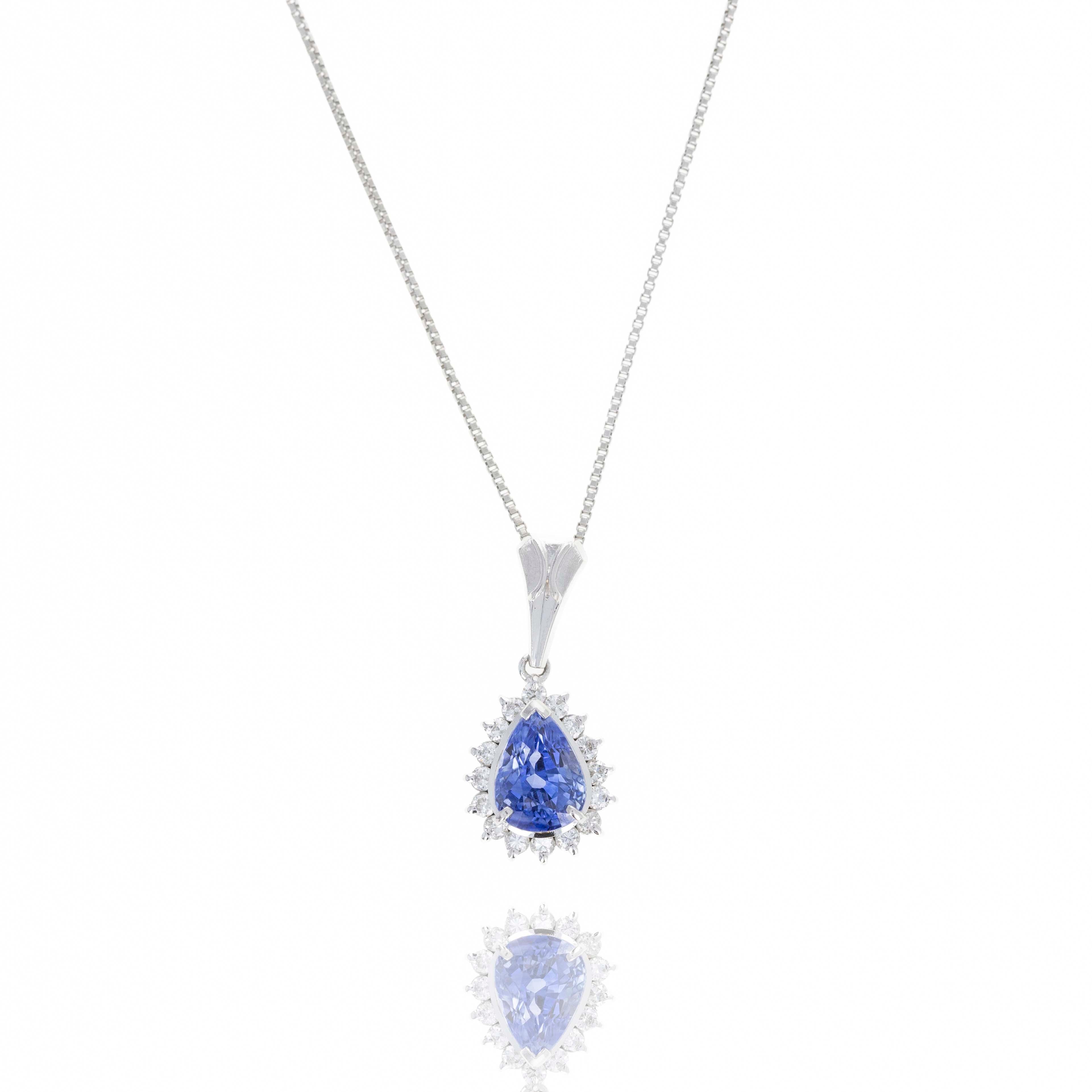 Platinum 1.62 Carat Pear Sapphire Diamond Halo Pendant Necklace - Queen May