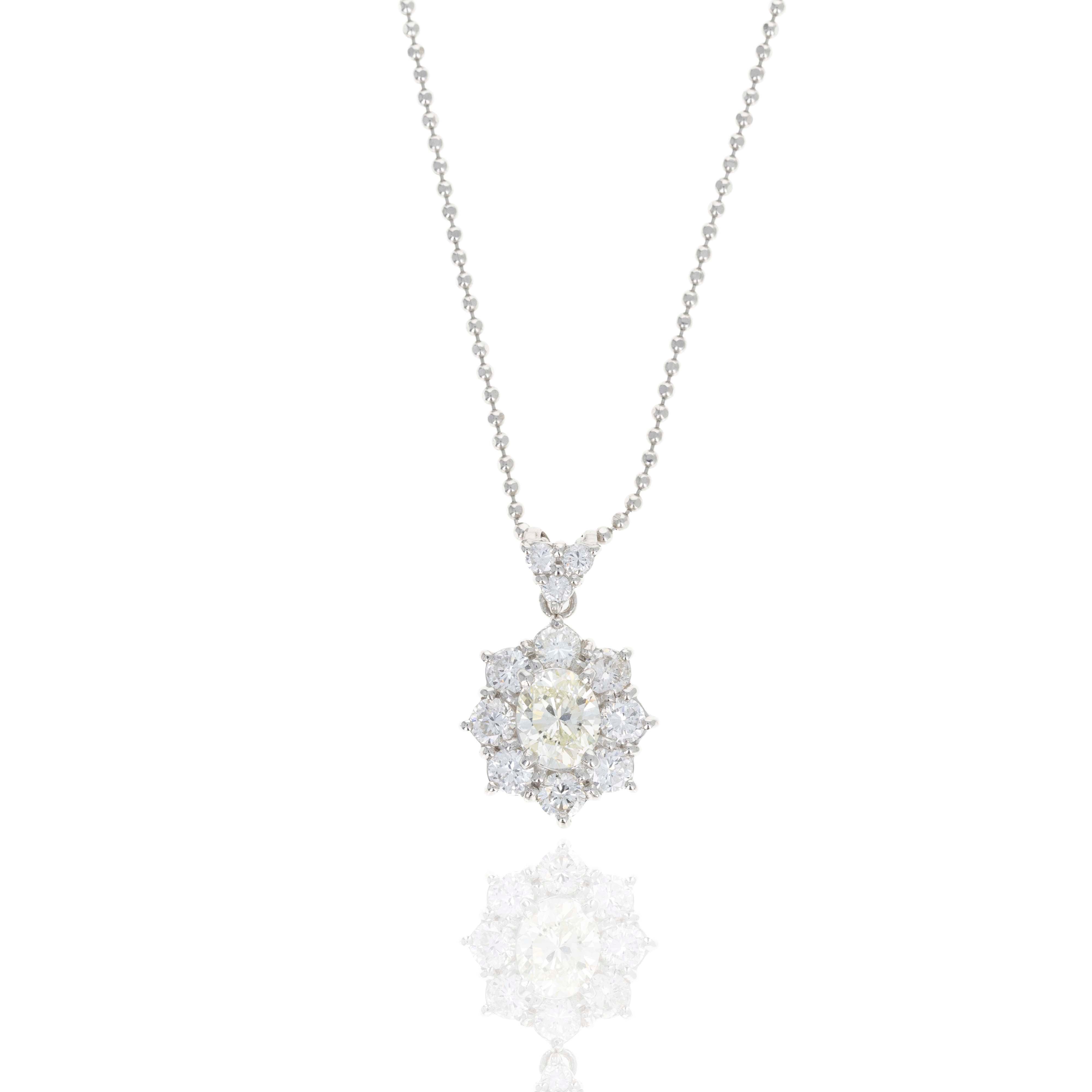Platinum 1.66 Carat Diamond Oval Halo Pendant Necklace - Queen May
