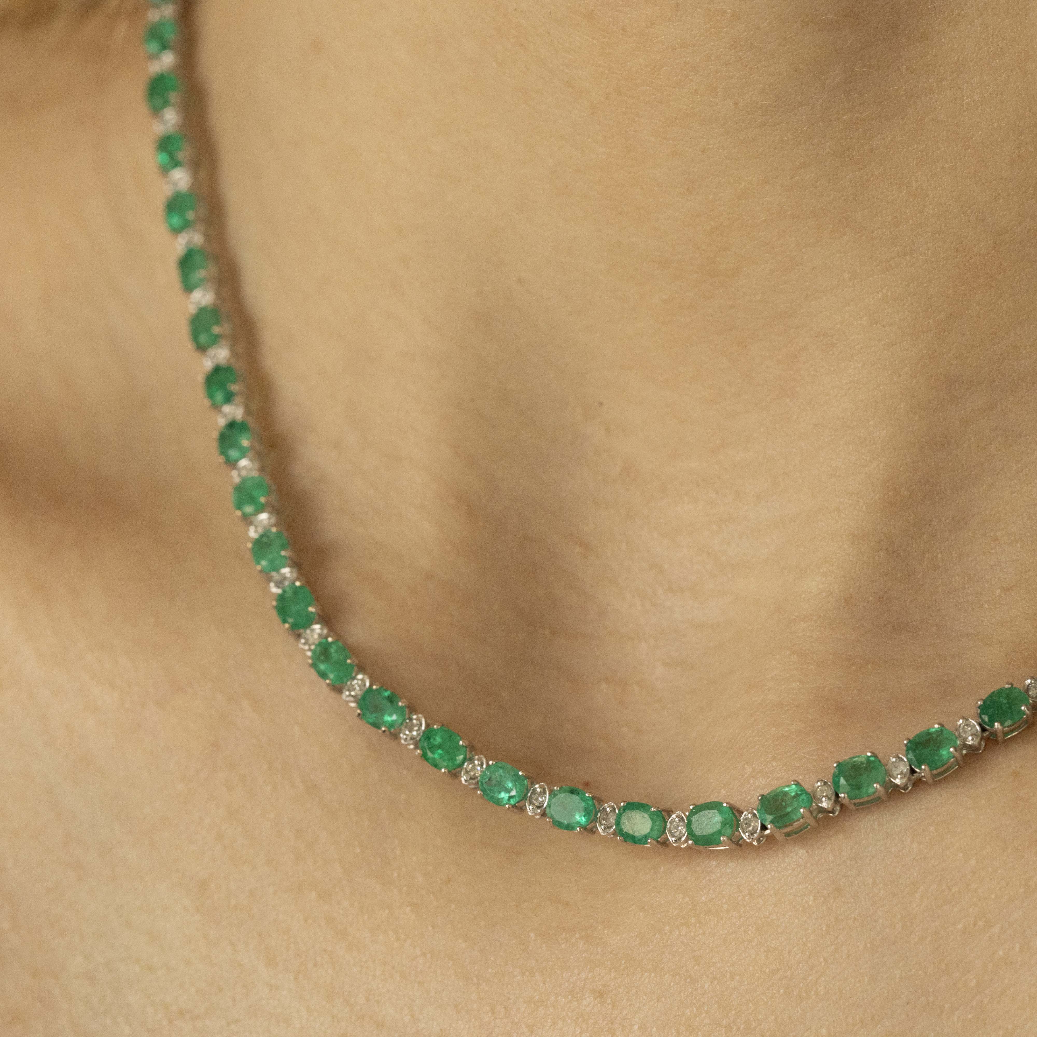 18K White Gold 11.56 Emerald Diamond Station Necklace - Queen May
