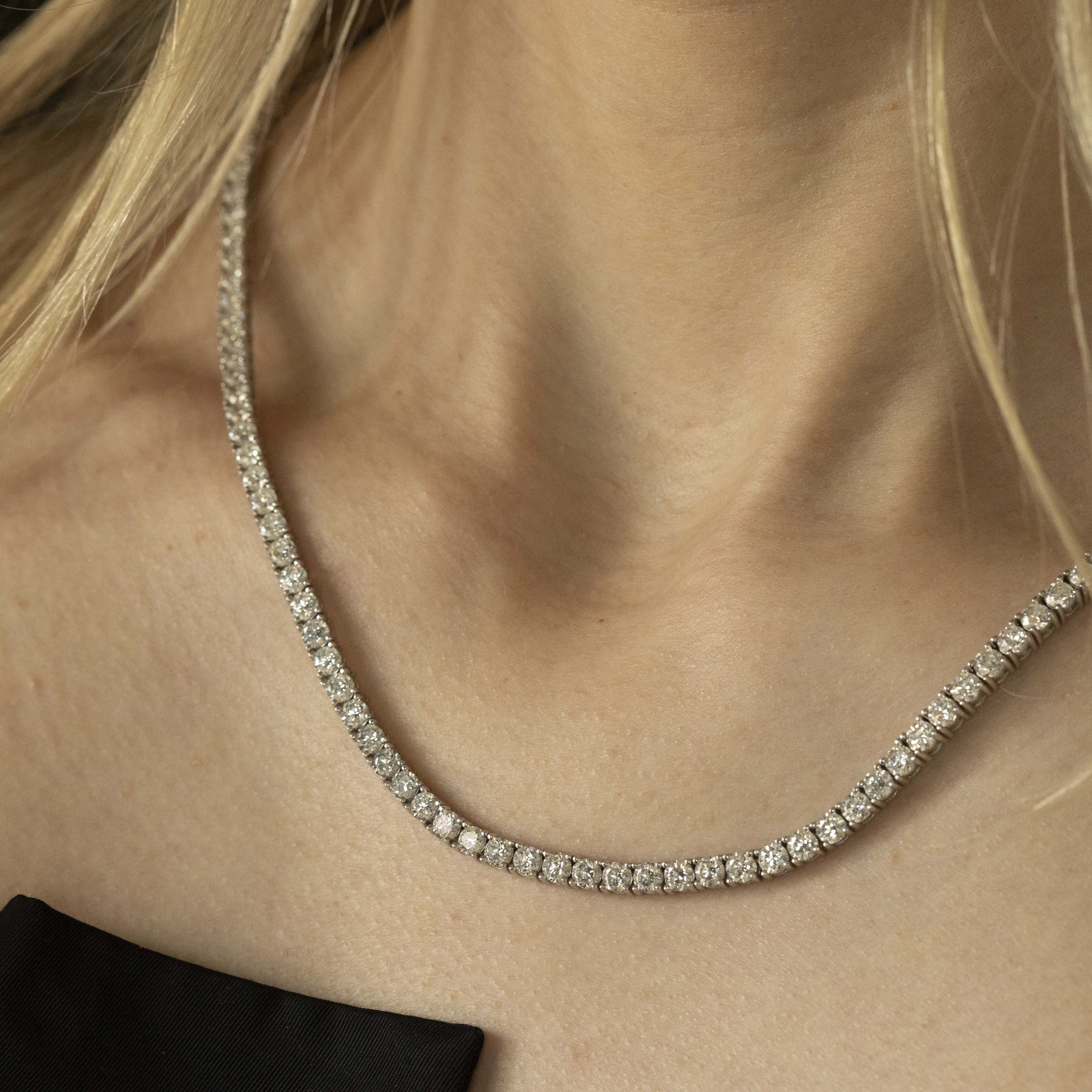 14K White Gold 21.46 Carat Round Diamond Tennis Necklace - Queen May