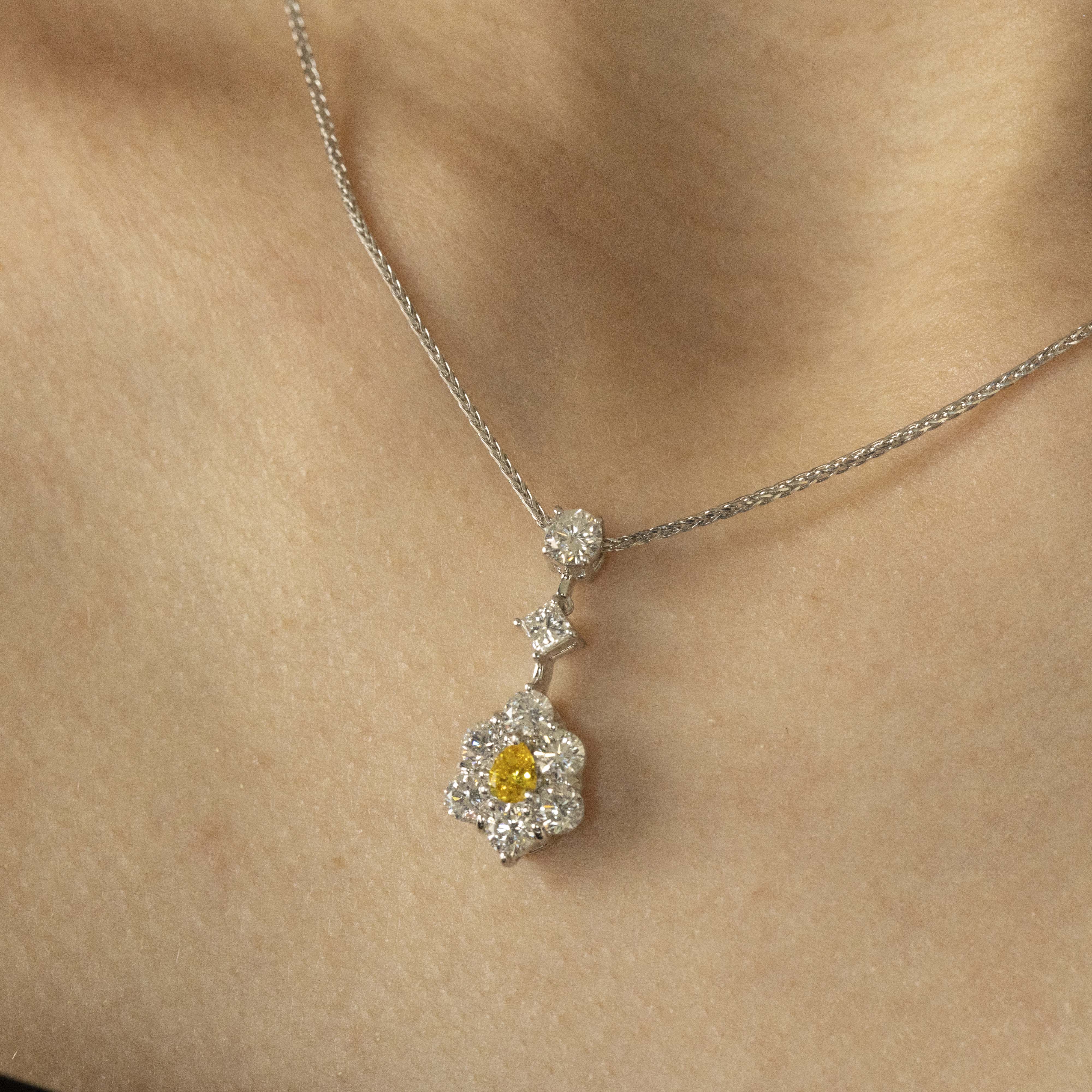 0.18 Carat Fancy Vivid Orangy Yellow Pear Diamond Necklace - Queen May