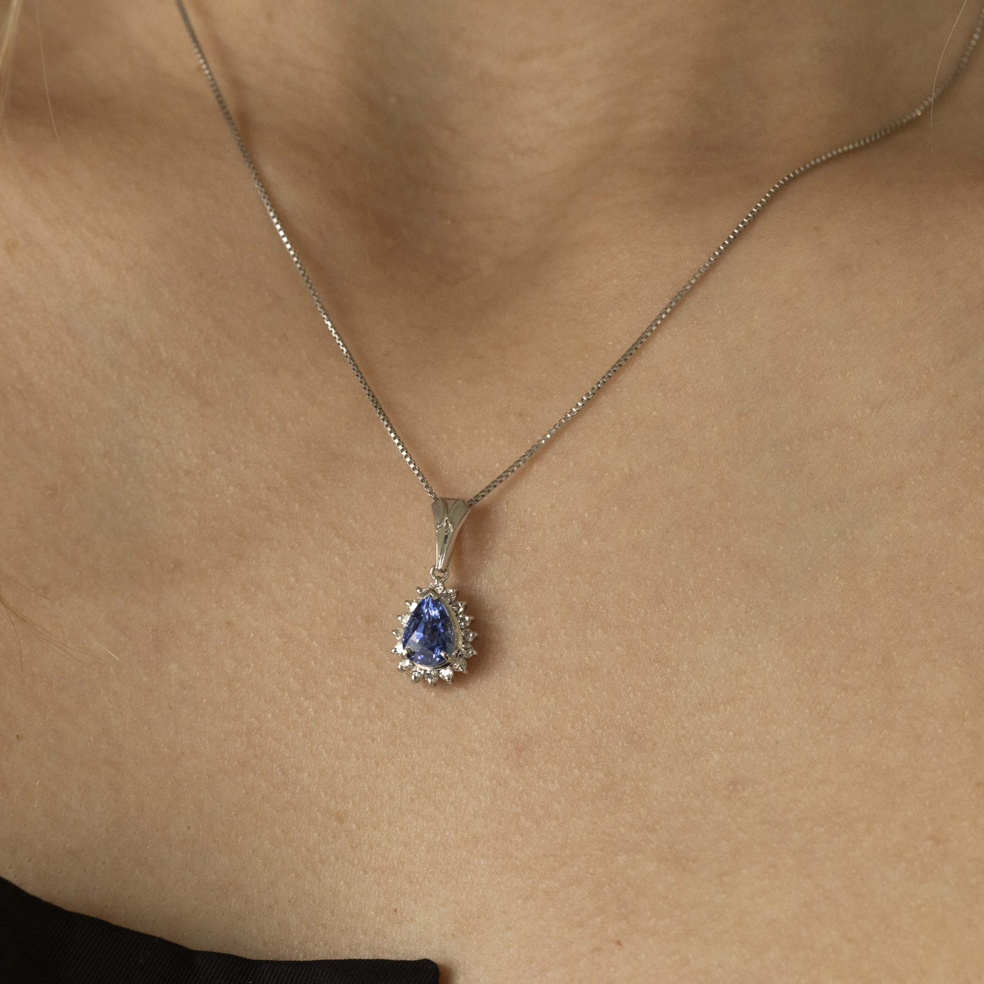 Platinum 1.62 Carat Pear Sapphire Diamond Halo Pendant Necklace - Queen May