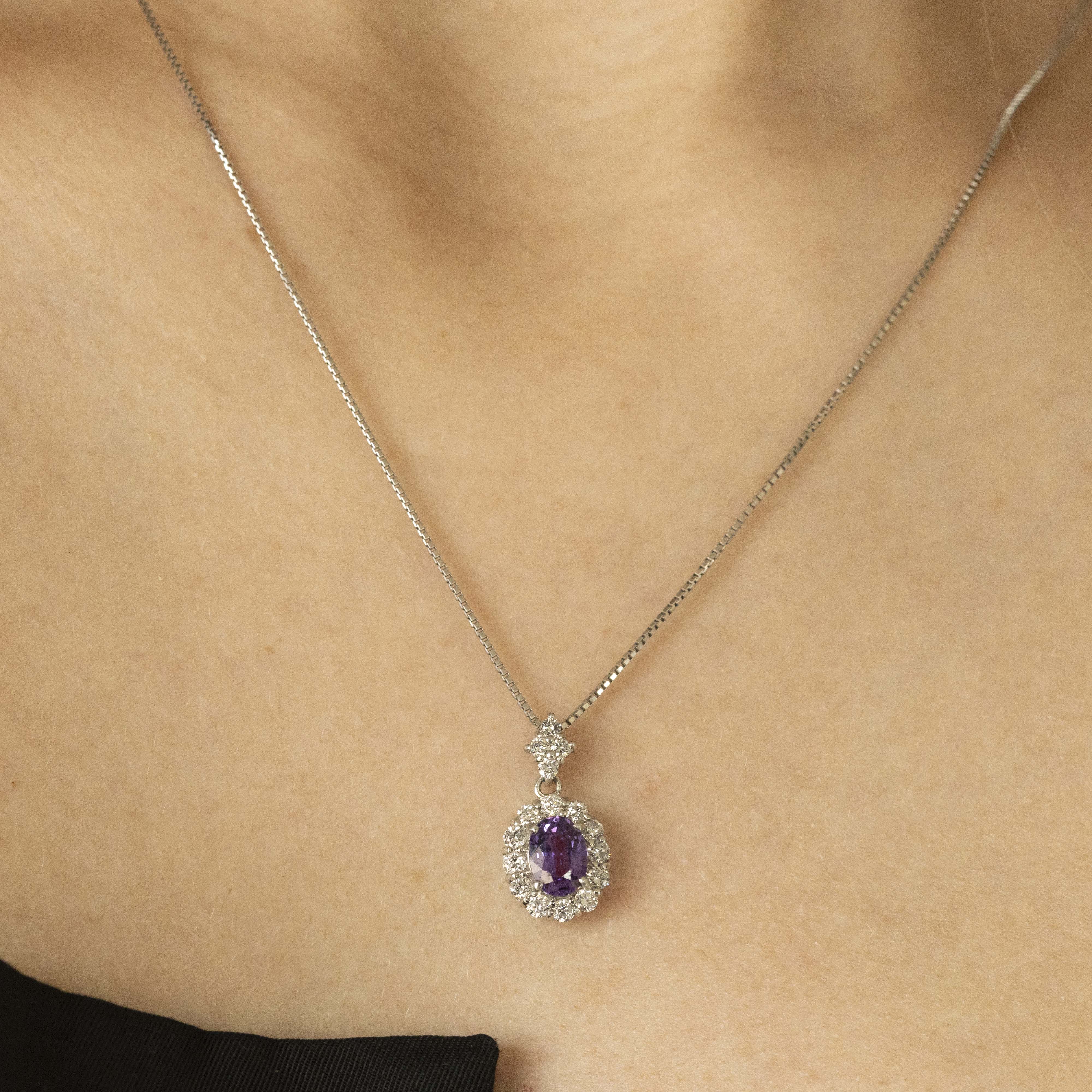 Platinum 1.10 Carat No Heat Sri Lanka Pinkish Purple Sapphire Diamond Halo Pendant Necklace - Queen May