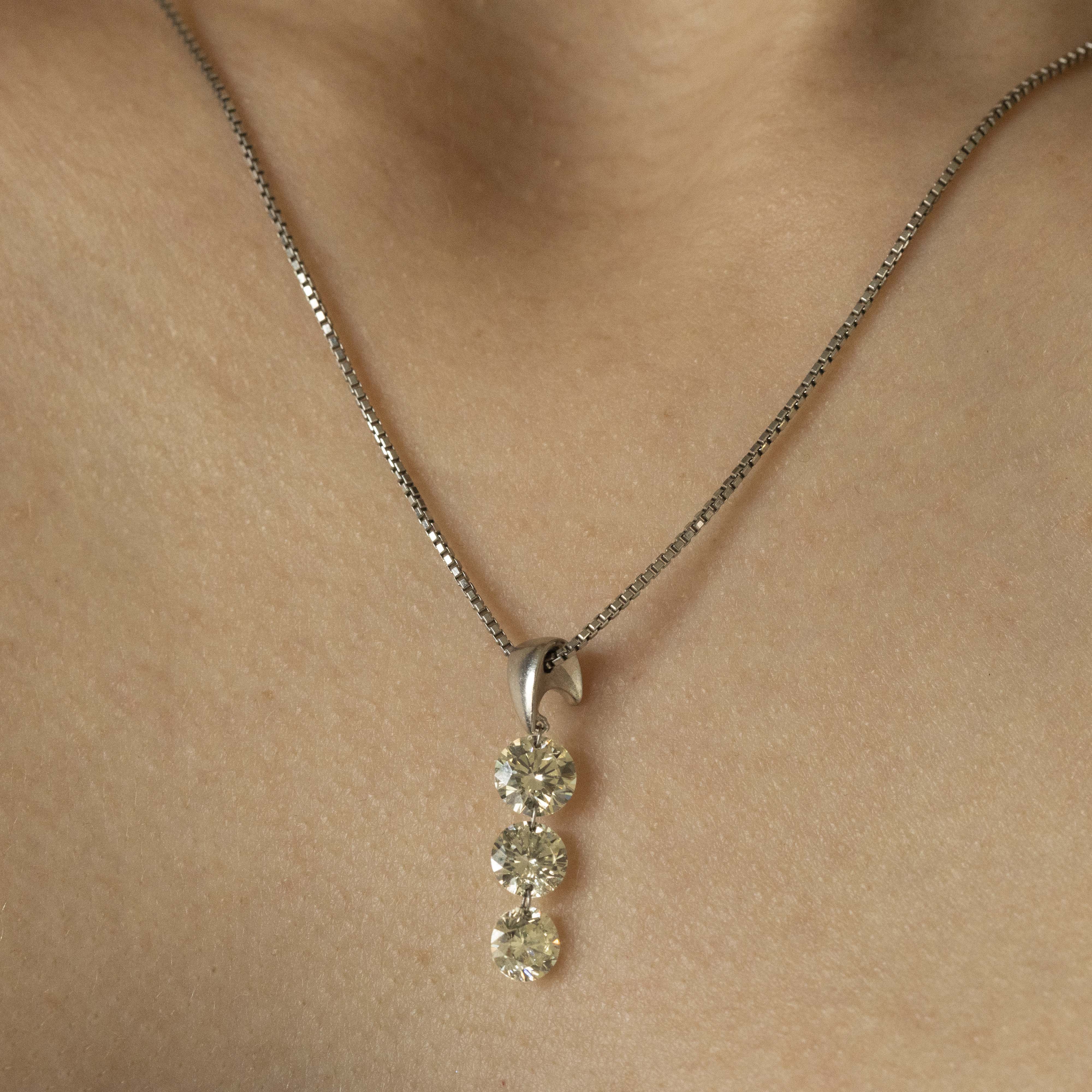 Platinum 2.34 Carat Diamond Three Stone Floating Drop Pendant Necklace - Queen May