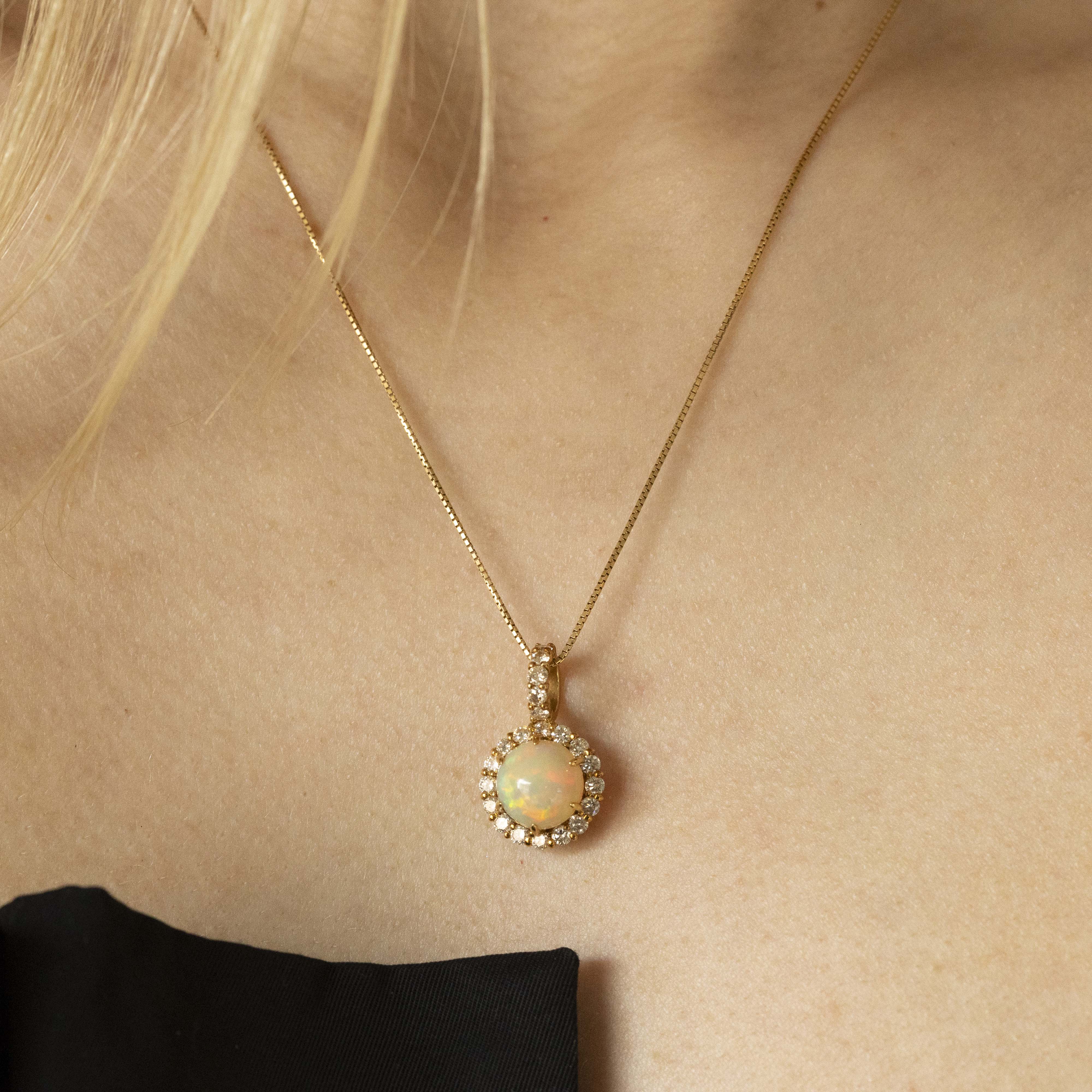 18K Yellow Gold 2.05 Carat Cabochon Opal Diamond Halo Pendant Necklace - Queen May