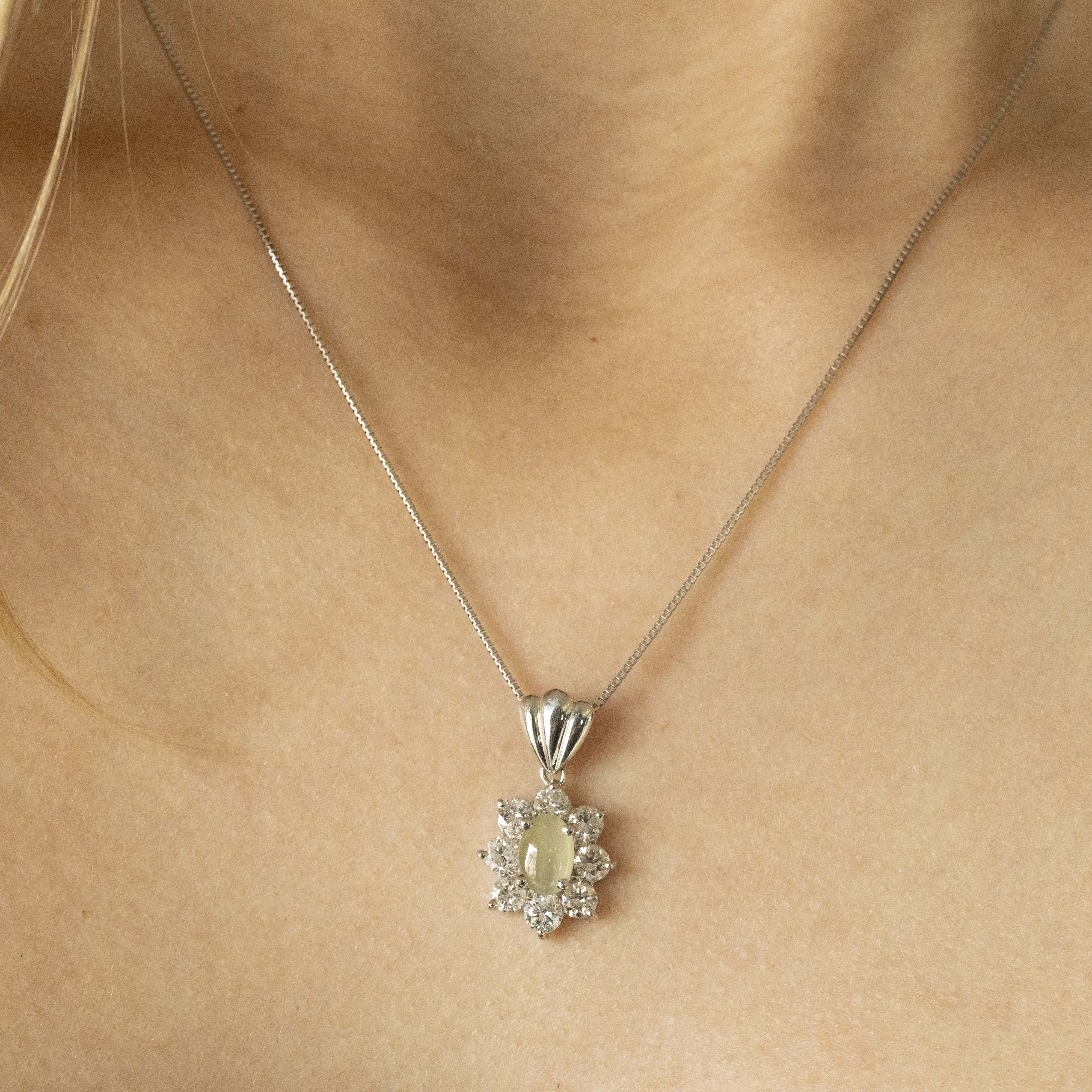 Platinum 1.21 Carat Cats Eye Chrysoberyl Diamond Halo Floral Pendant Necklace - Queen May
