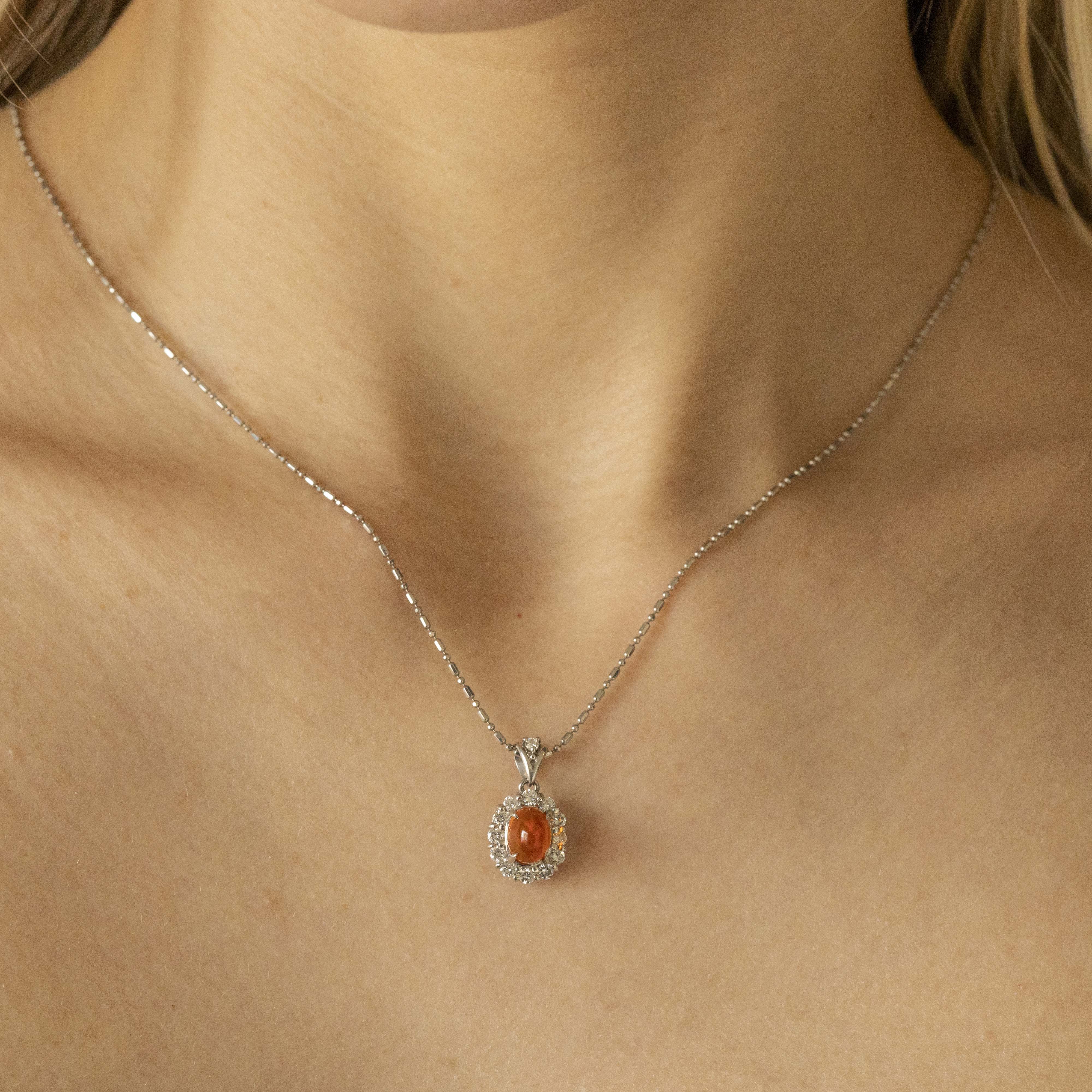 Platinum 1.20 Carat Cabochon Fire Opal Diamond Halo Pendant Necklace - Queen May