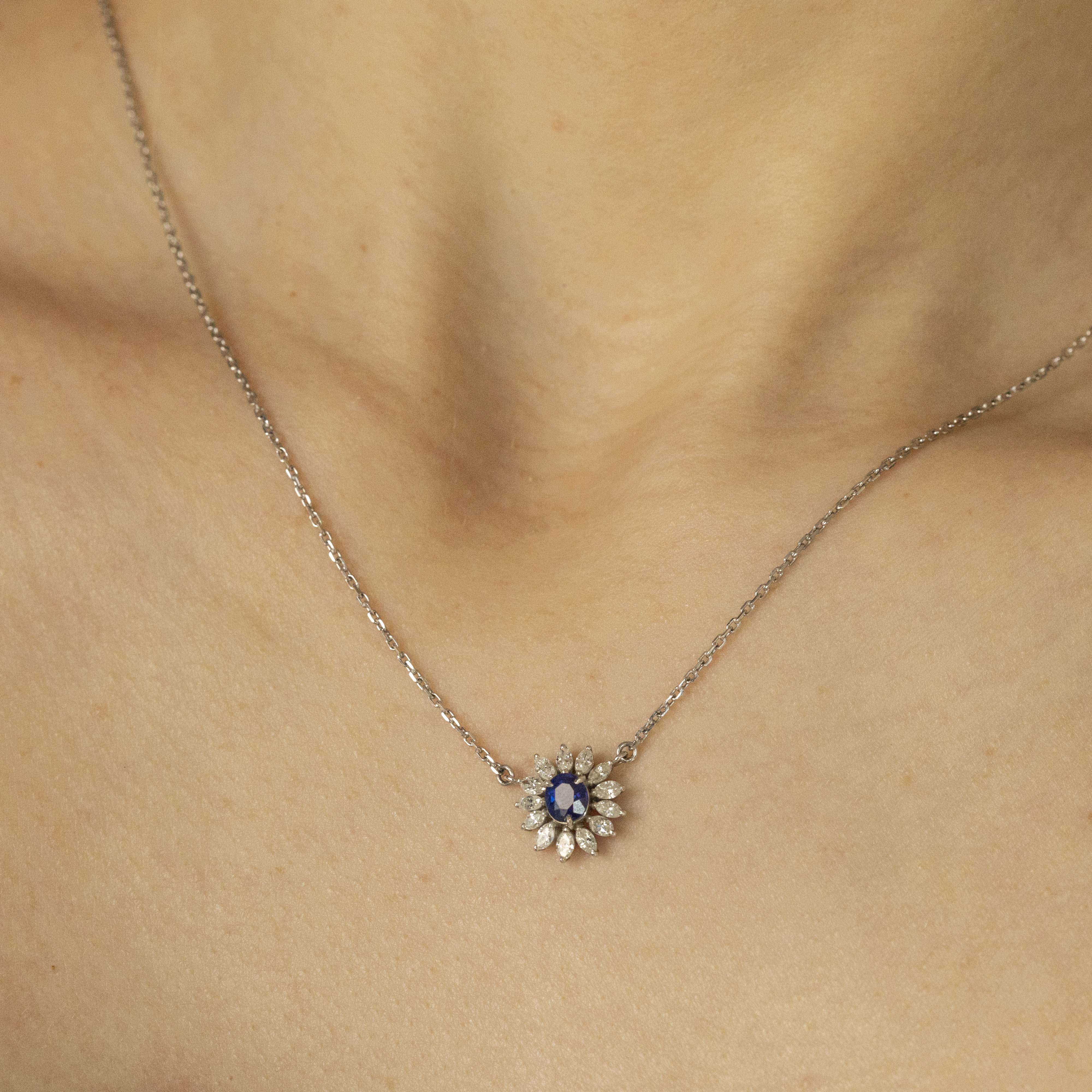 Platinum 0.47 Carat Sapphire Diamond Floral Halo Pendant Necklace - Queen May