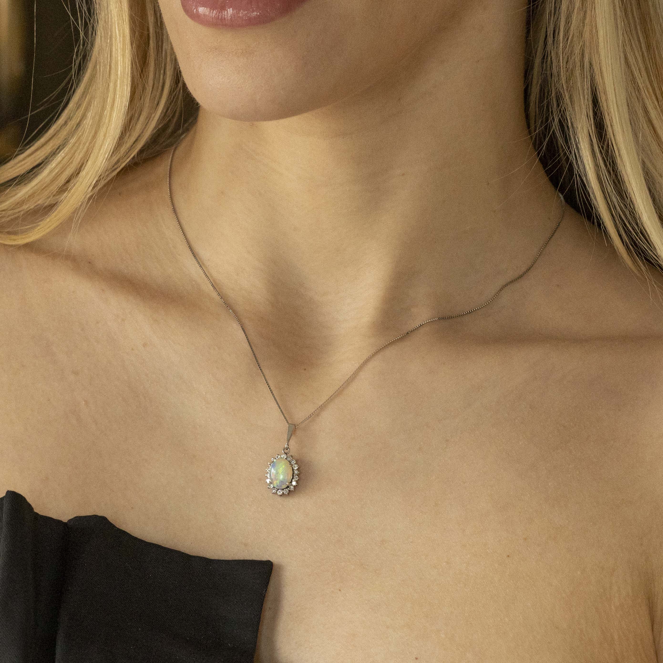 Platinum 1.35 Carat Cabochon Opal Diamond Halo Pendant Necklace - Queen May
