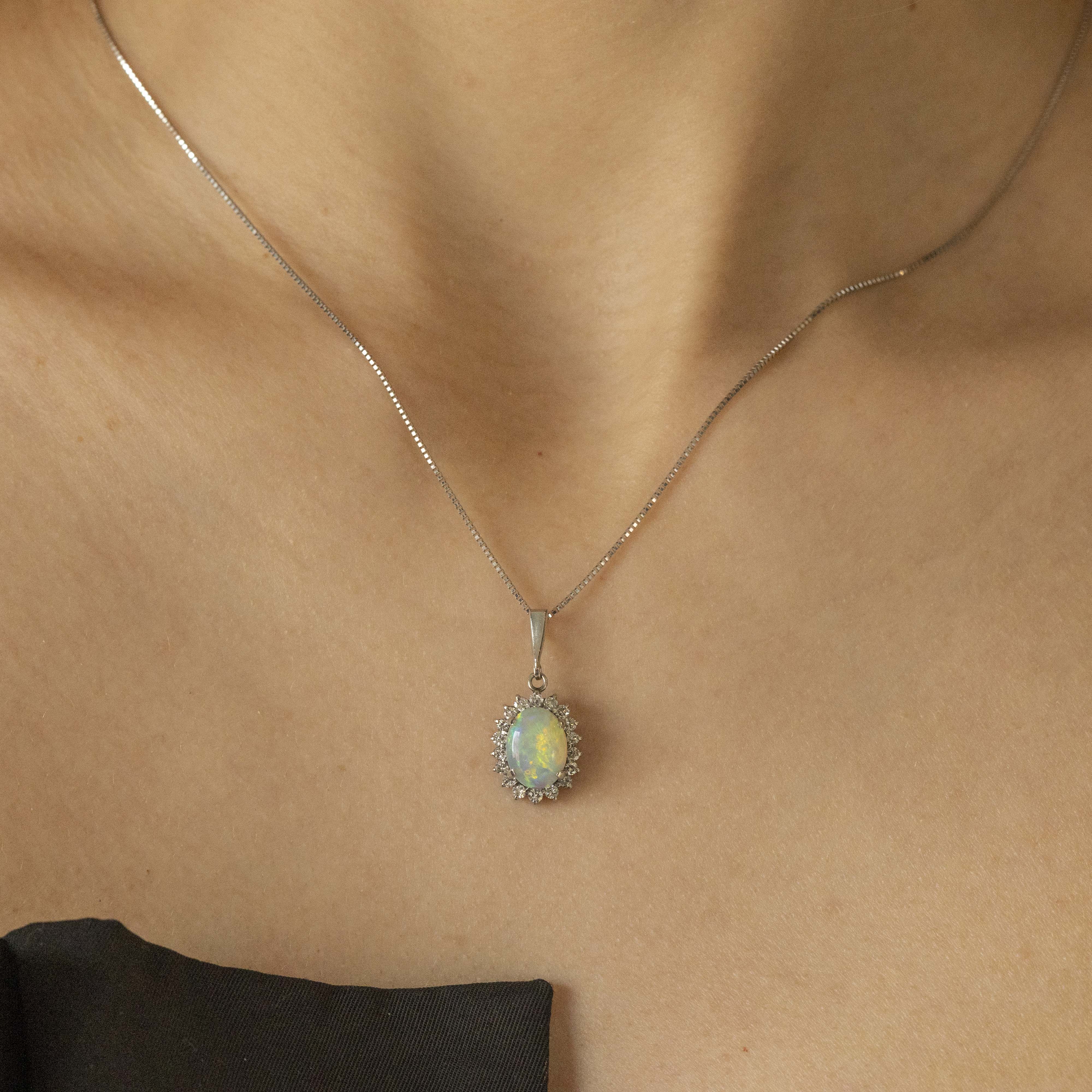 Platinum 1.35 Carat Cabochon Opal Diamond Halo Pendant Necklace - Queen May