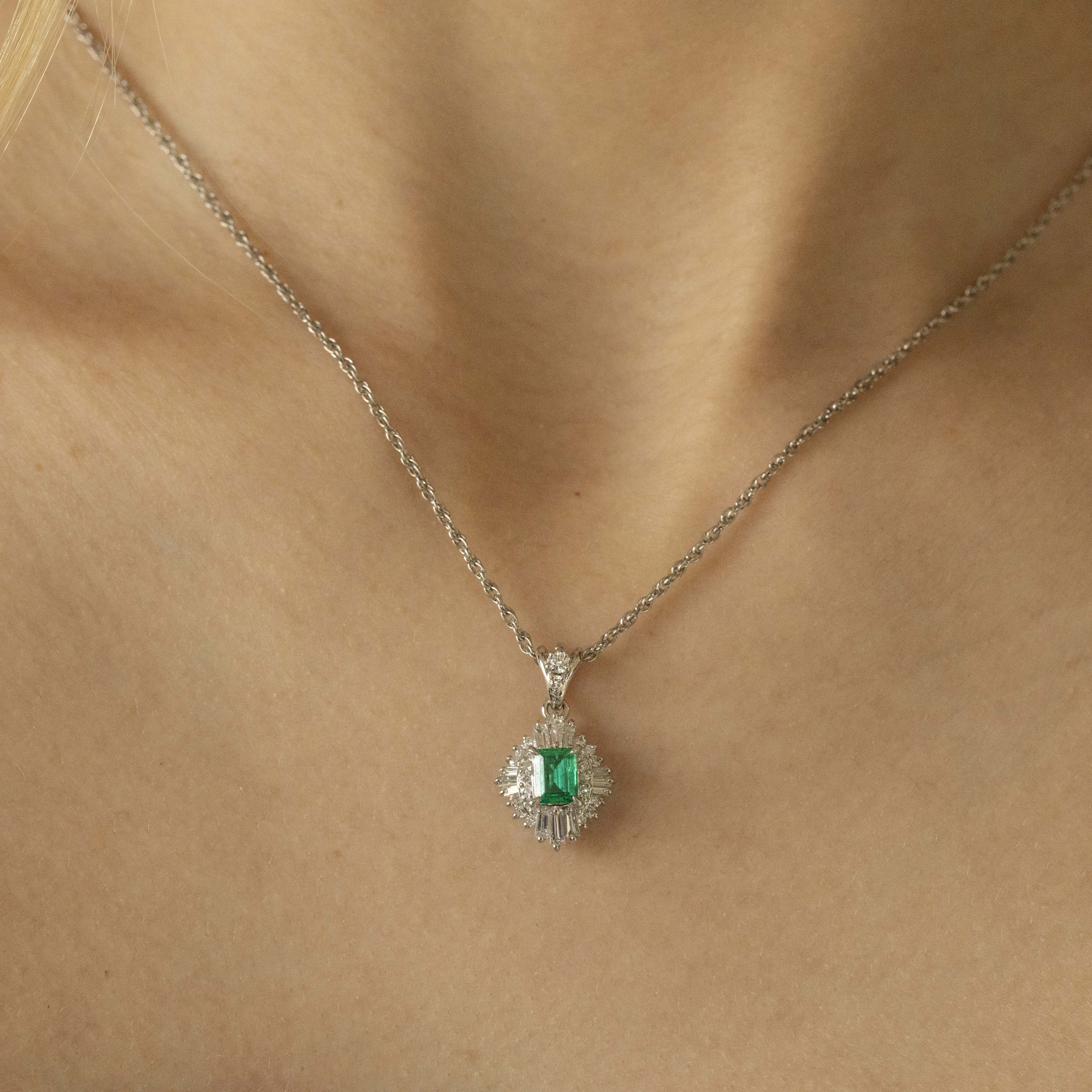 Platinum 0.45 Carat Emerald Diamond Halo Pendant Necklace - Queen May