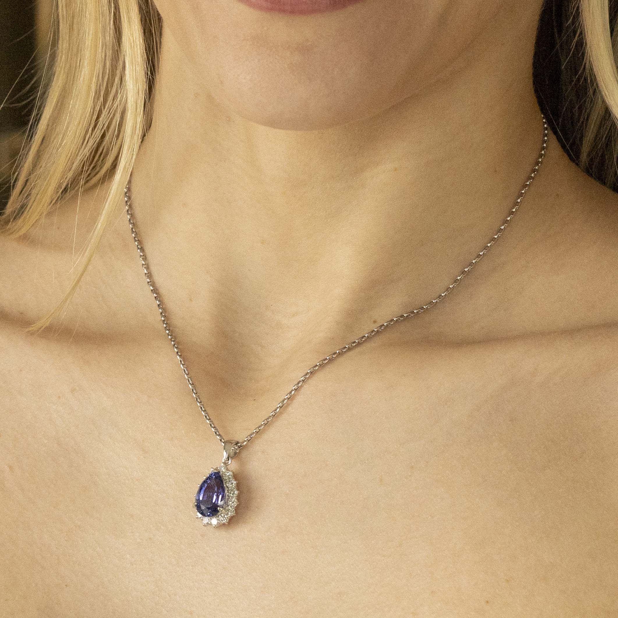 Platinum 4.35 Carat Tanzanite Diamond Halo Pendant Necklace - Queen May