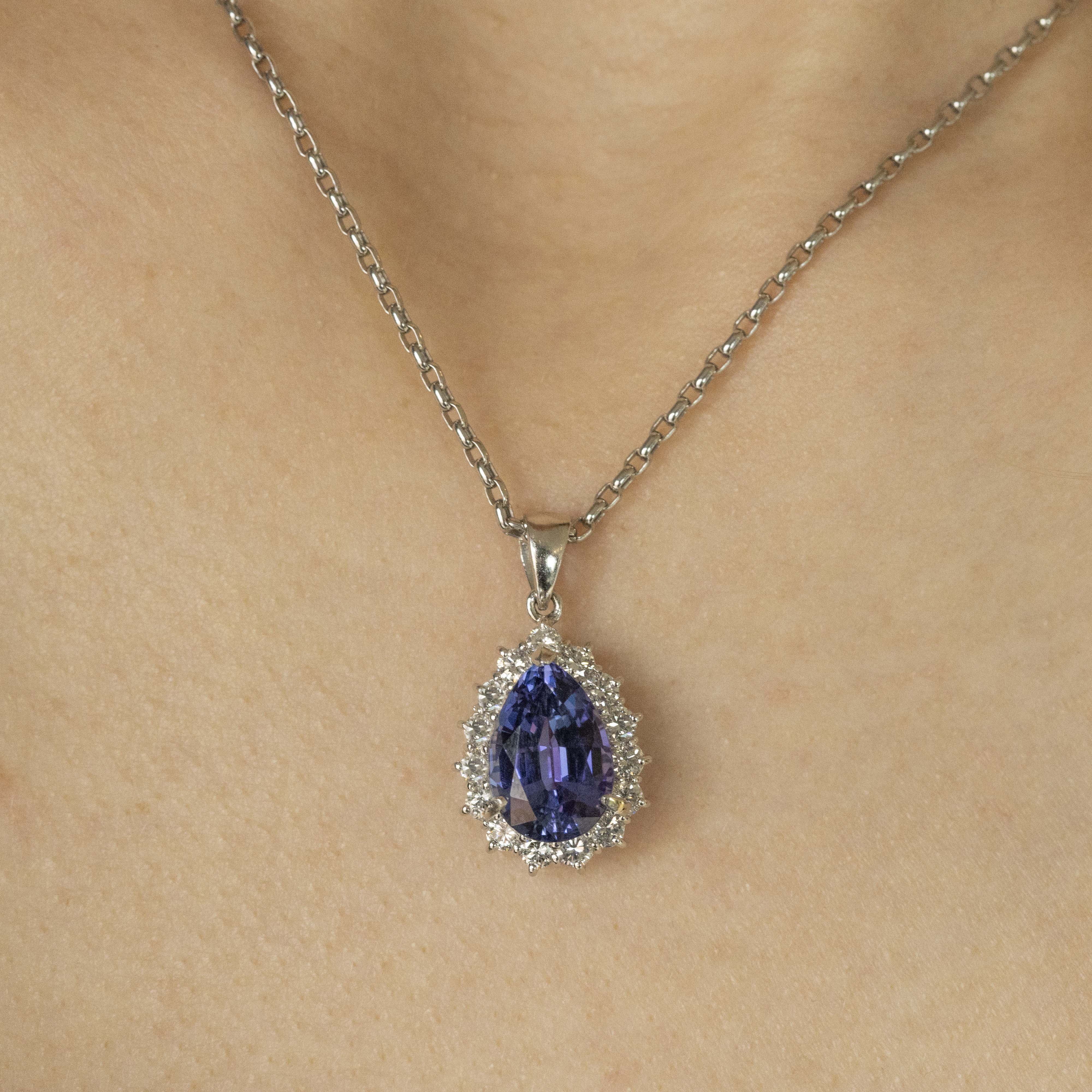 Platinum 4.35 Carat Tanzanite Diamond Halo Pendant Necklace - Queen May