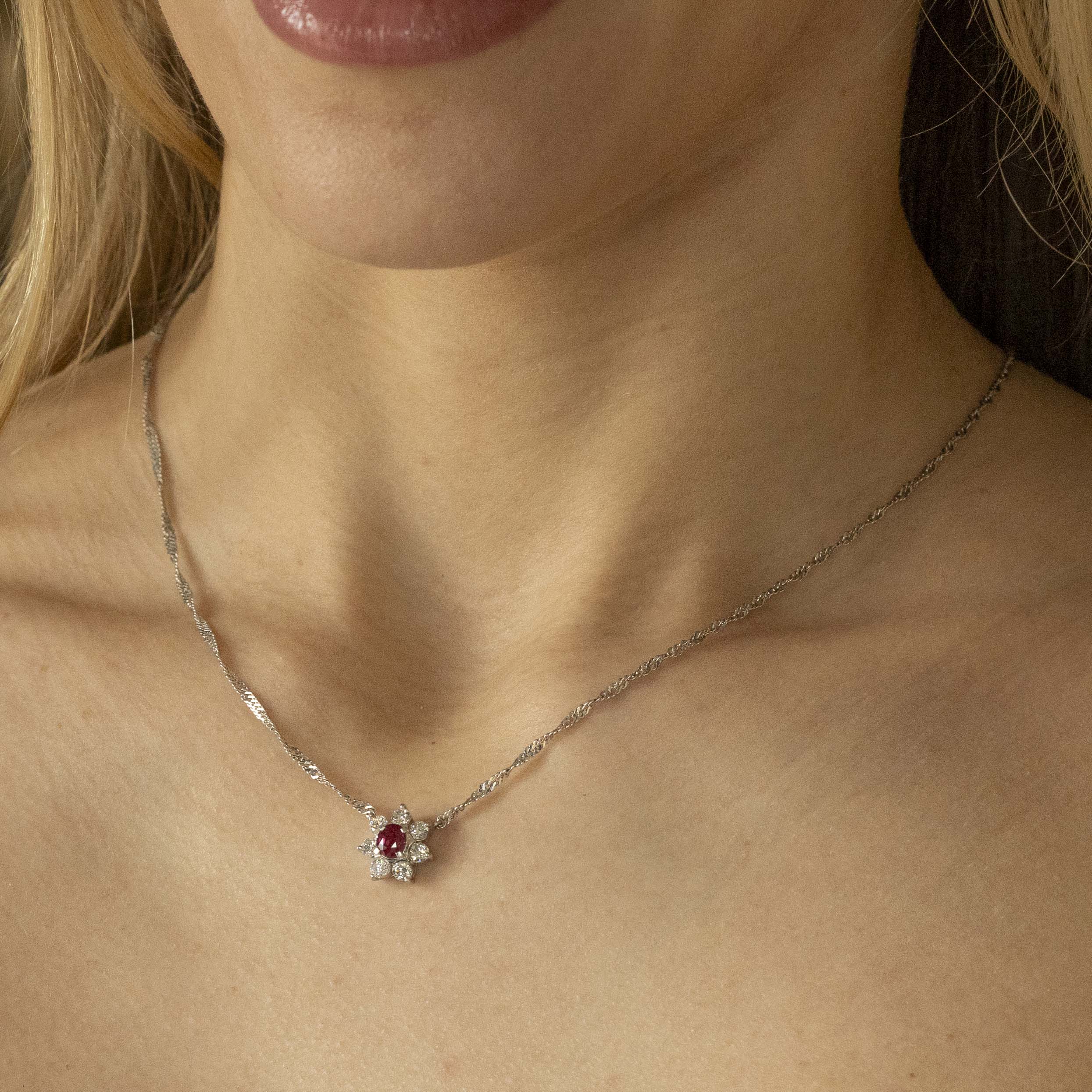 Platinum 0.60 Carat Ruby Diamond Floral Halo Pendant Necklace - Queen May