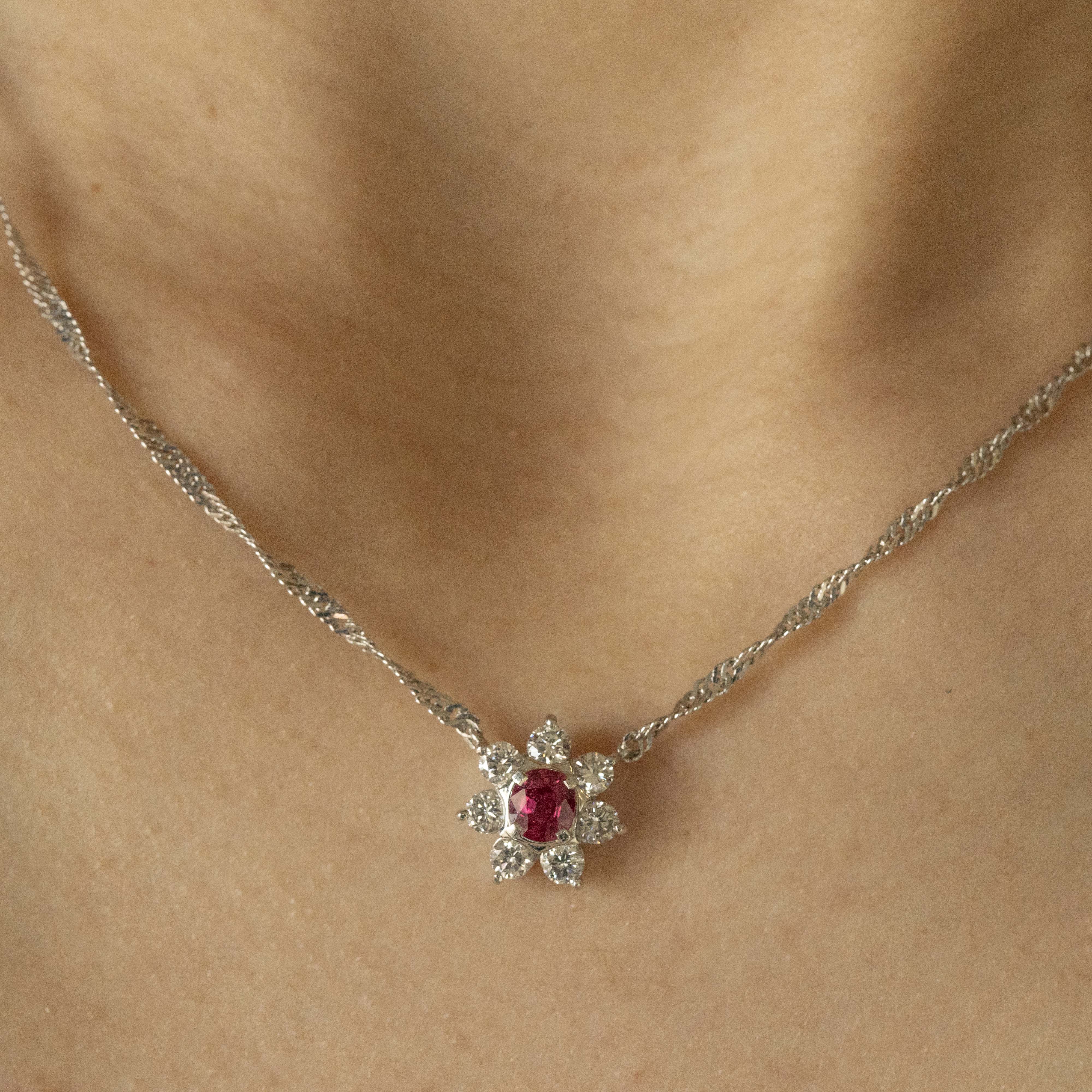 Platinum 0.60 Carat Ruby Diamond Floral Halo Pendant Necklace - Queen May