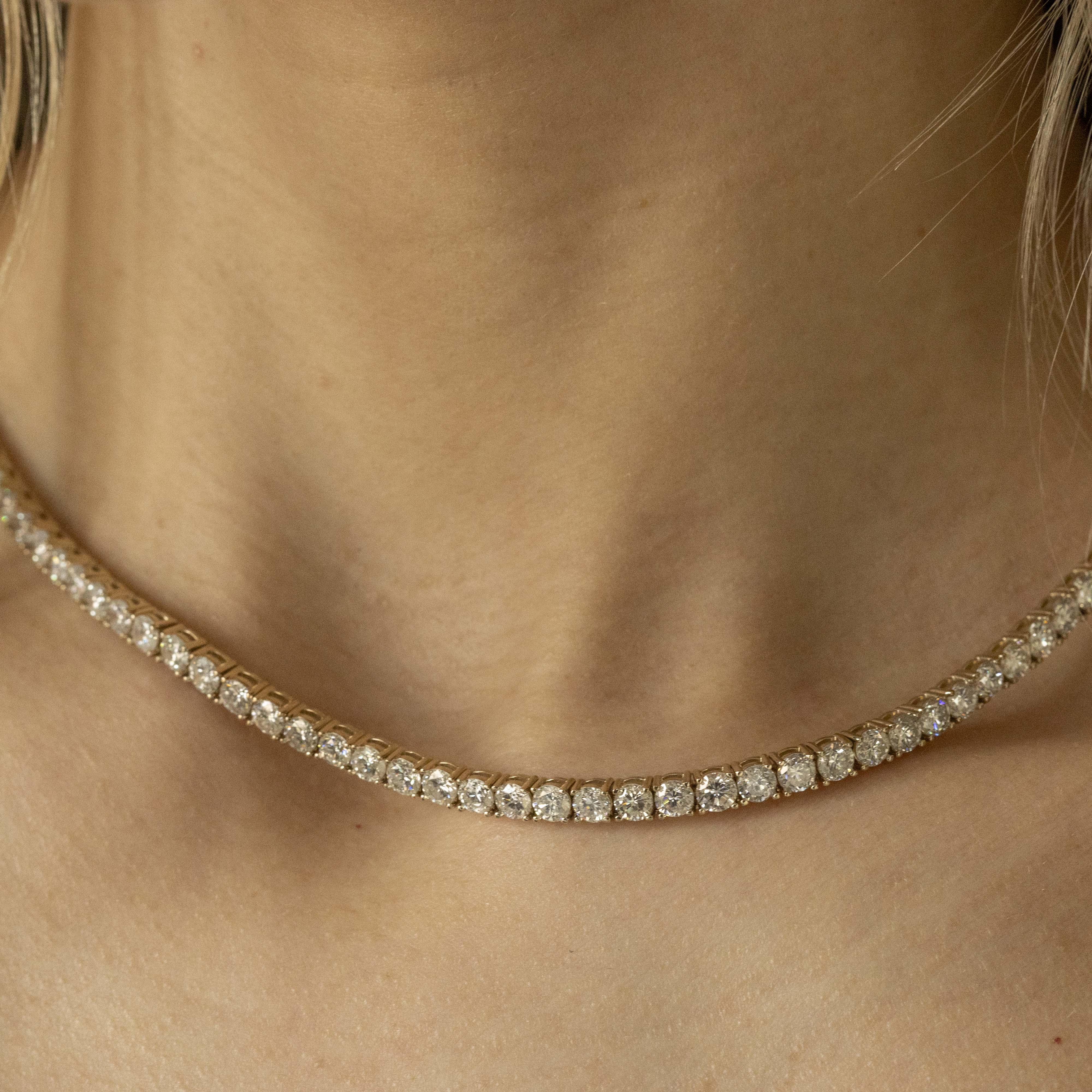 18K Yellow Gold 20.86 Carat Round Diamond Tennis Necklace - Queen May