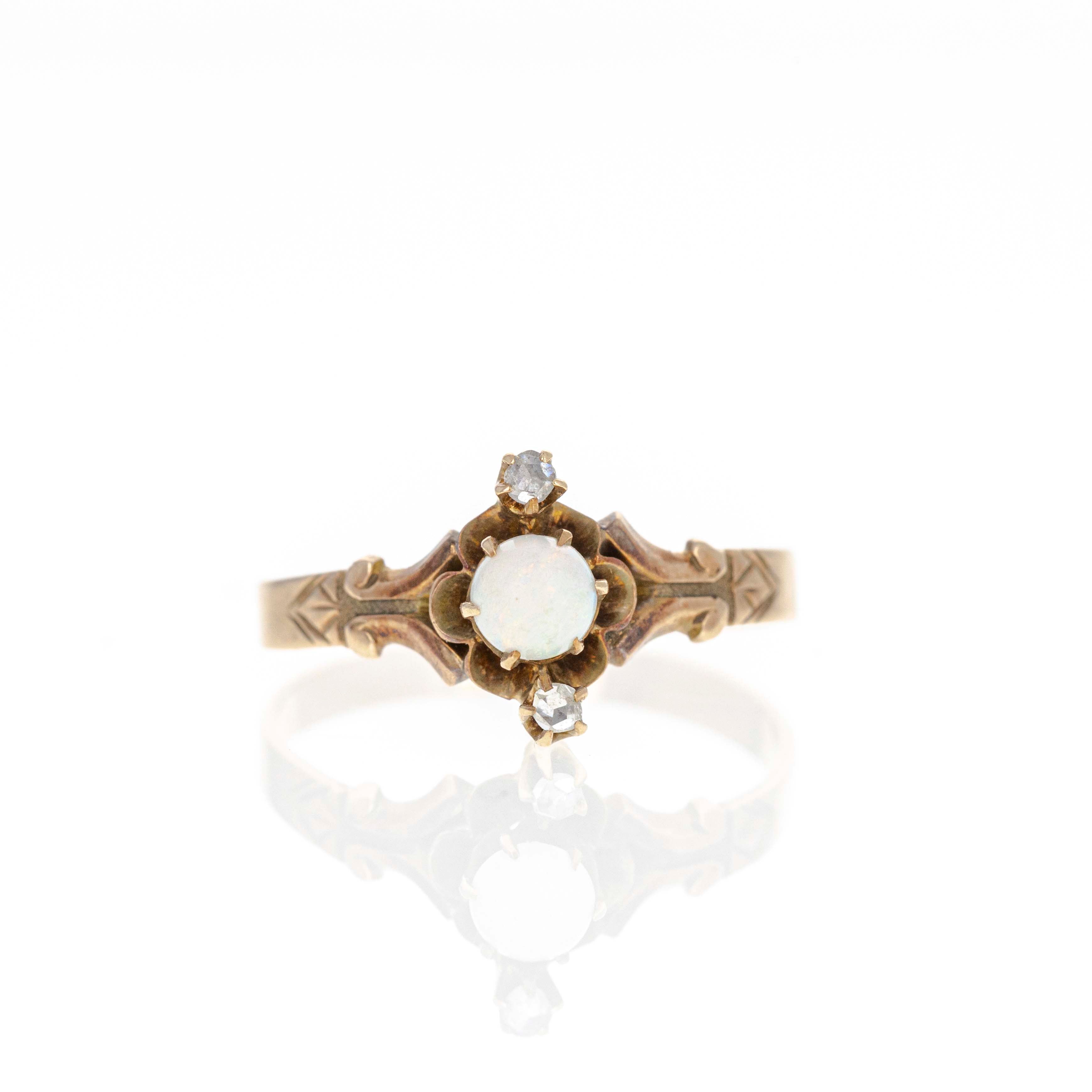 Victorian 10K Rose Gold 0.20 Carat Opal Rose Cut Diamond Ring - Queen May
