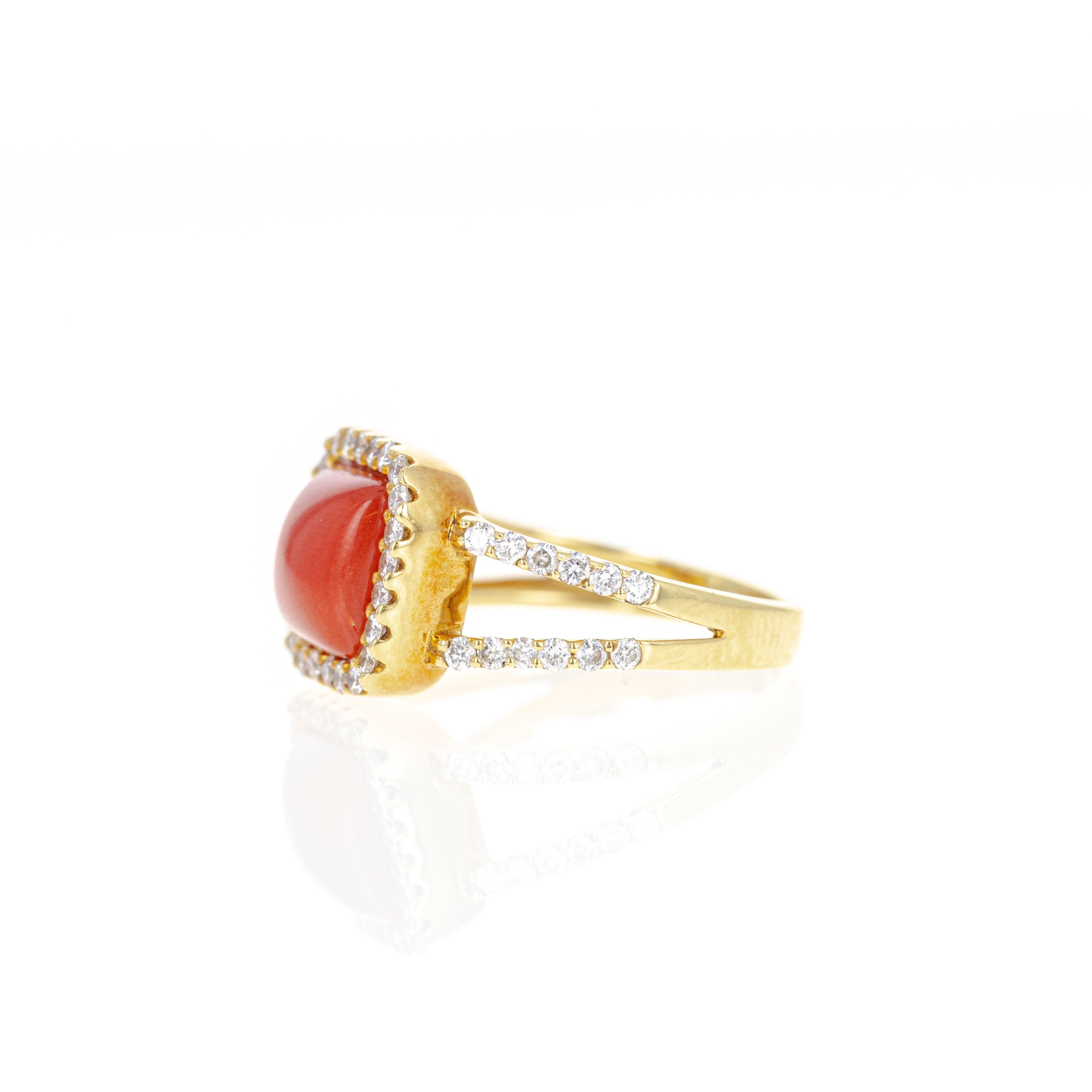 18K Yellow Gold 1.56 Carat Cabochon Coral Diamond Halo Ring - Queen May