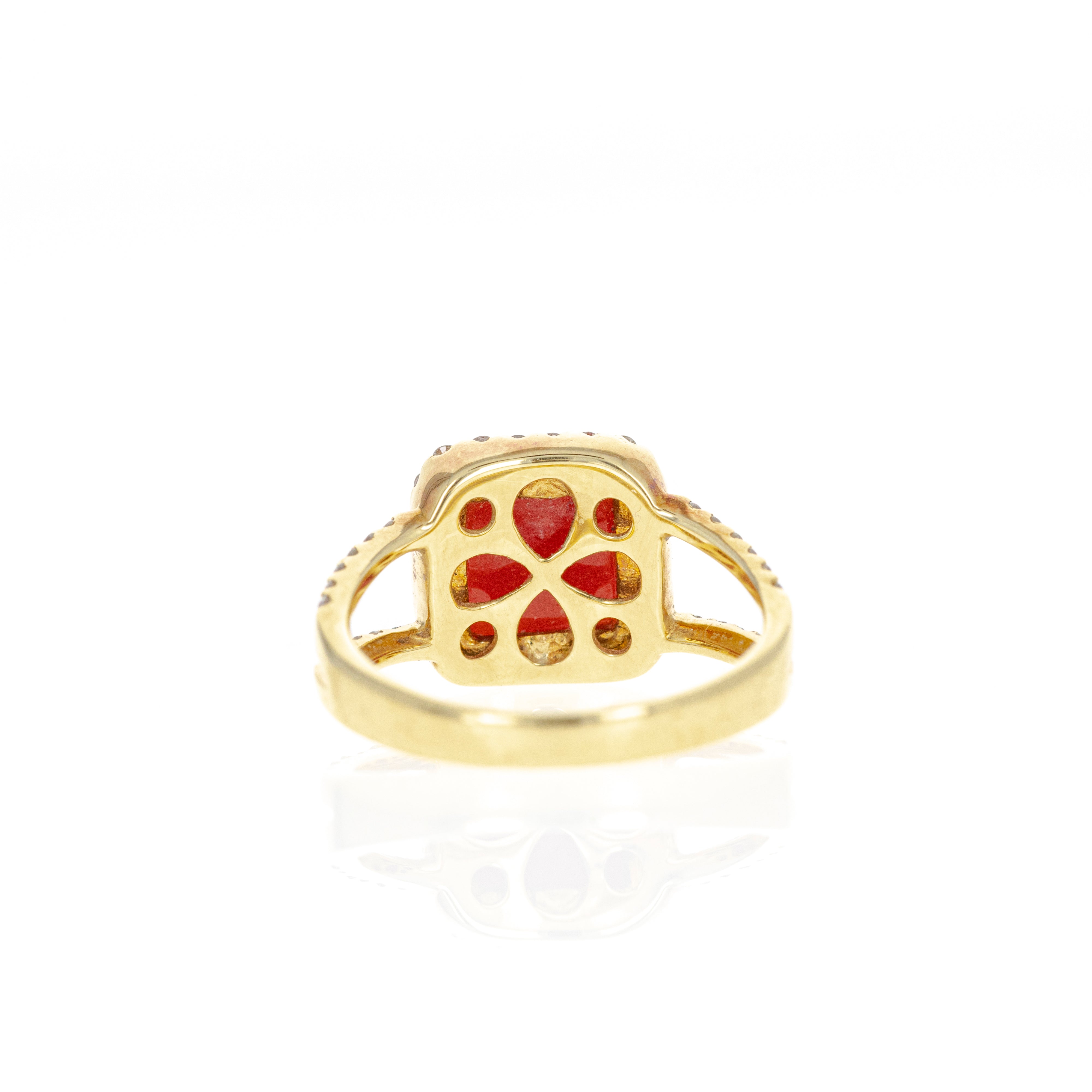 18K Yellow Gold 1.56 Carat Cabochon Coral Diamond Halo Ring - Queen May